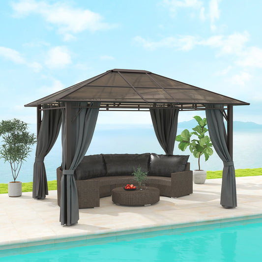 Outsunny 3x3.6m Hardtop Gazebo With Polycarbonate Roof Garden Pavilion Removable Curtains Steel Frame Dark Grey