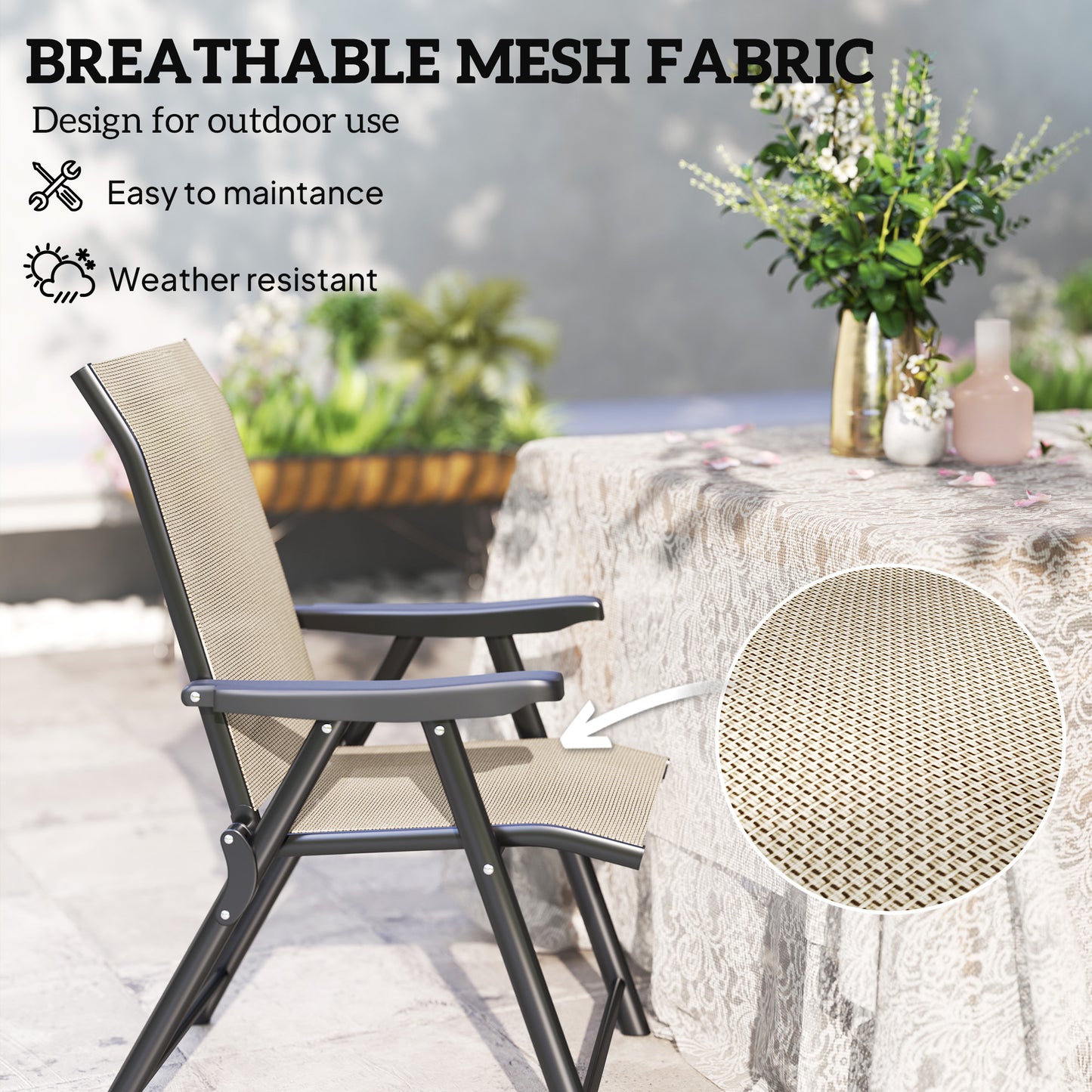 Outsunny Set of Two Folding Outdoor Chairs Brown Black for Garden Patio with Breathable Mesh Seats