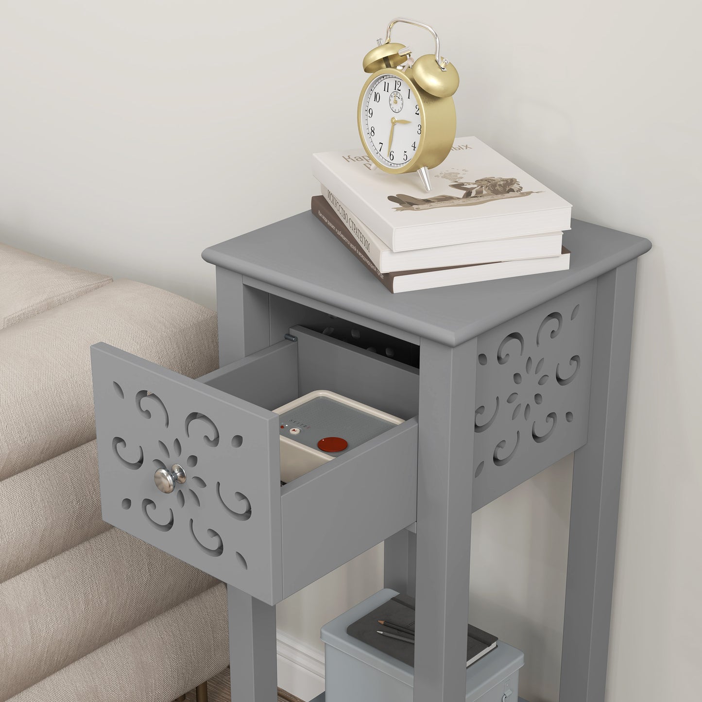 Homcom Set Of Two Elegant Floral Cutout Grey Side Tables With Drawers And Shelves For Living Room