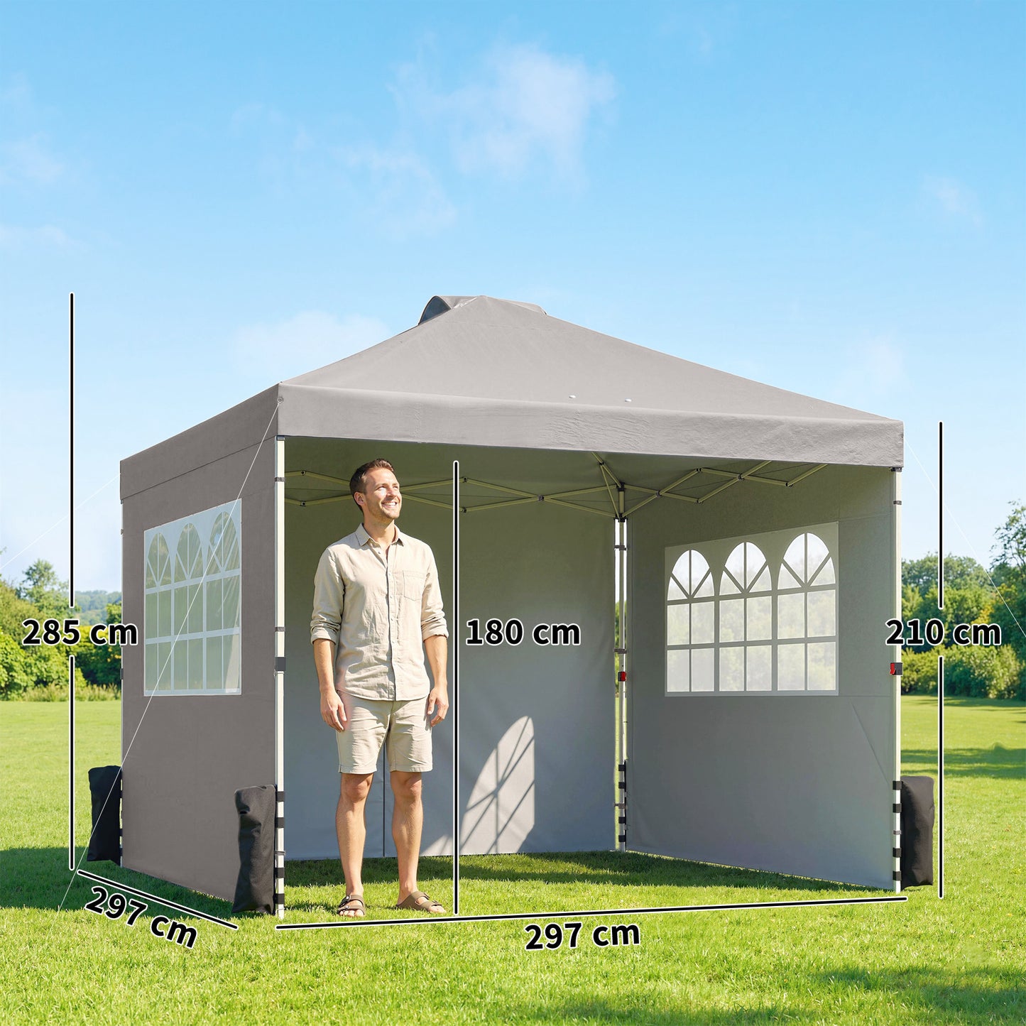 Outsunny Pop Up Gazebo 3x3m Waterproof UV50 Plus Canopy With Adjustable Height And 3 Sidewalls In Grey And Wheeled Bag