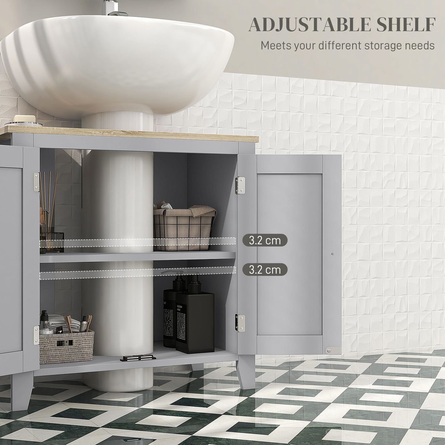 Kleankin Under Sink Cabinet With Two Doors Pedestal Design Freestanding Bathroom Cupboard Grey Adjustable Shelf