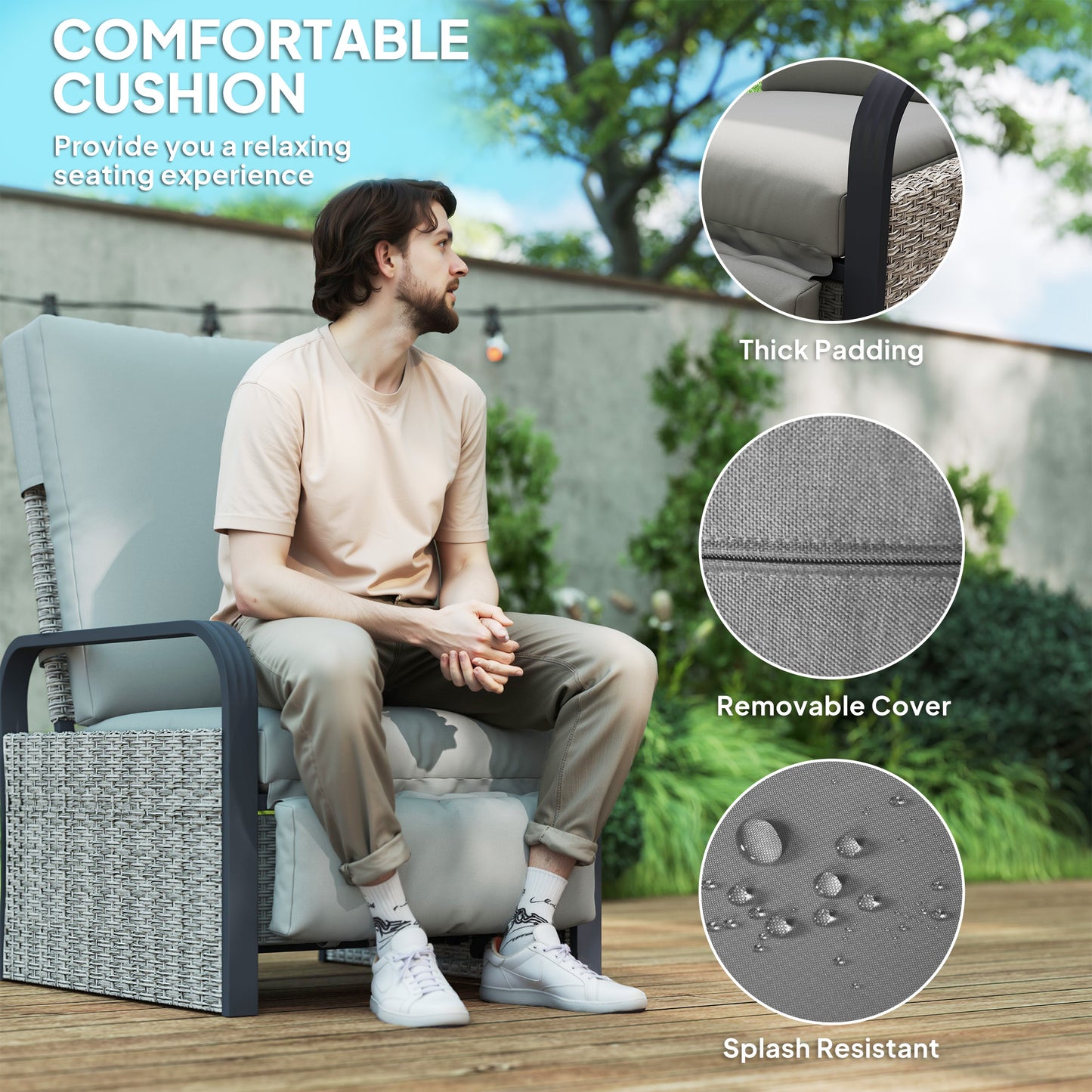 Outsunny 140 Degree Reclining Rattan Armchair With Adjustable Back And Footrest In Mixed Grey Cushioned Lounge Chair