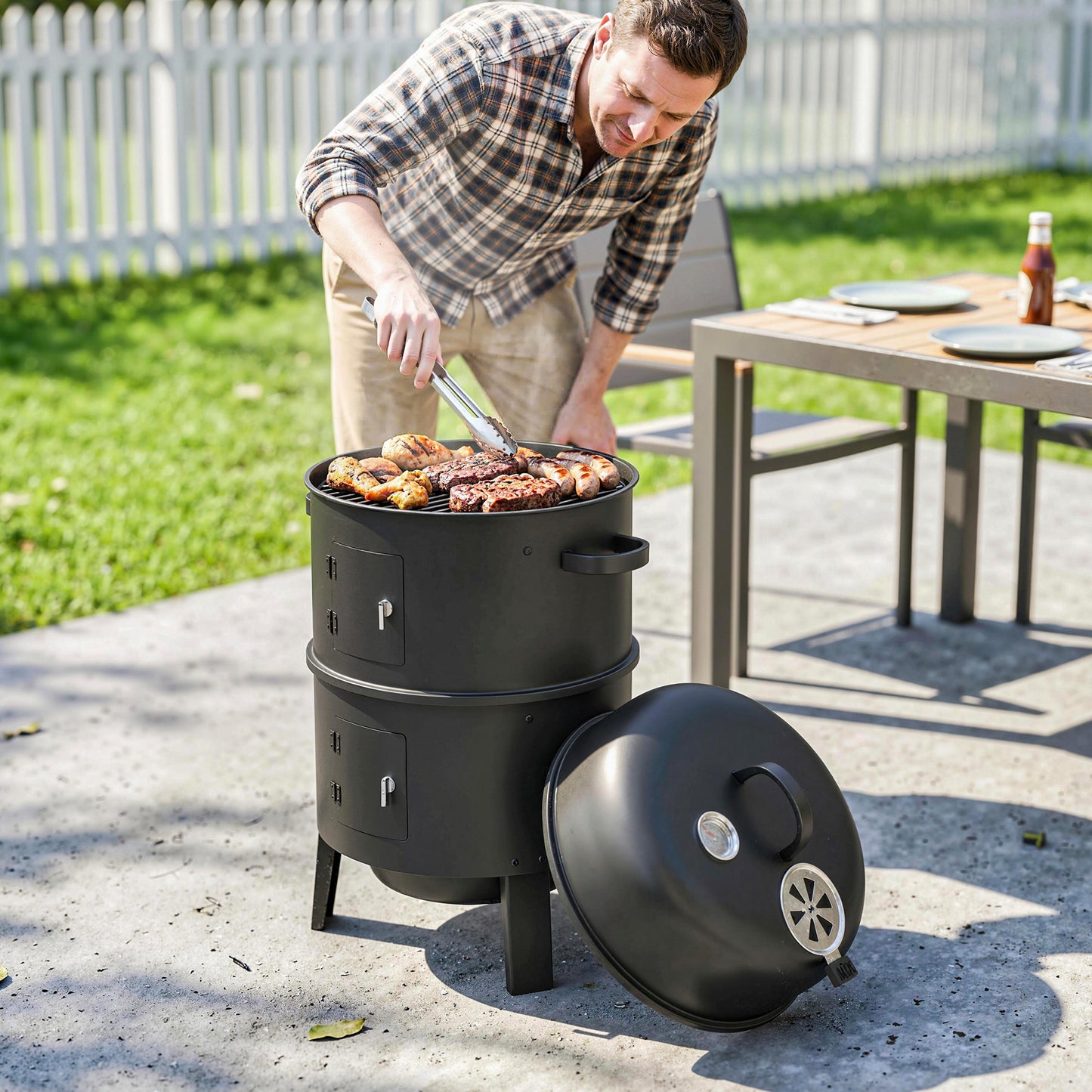 Outsunny 3-In-1 Vertical Charcoal Smoker With Two Grill Grates Built-In Thermometer Adjustable Vent And Two Doors