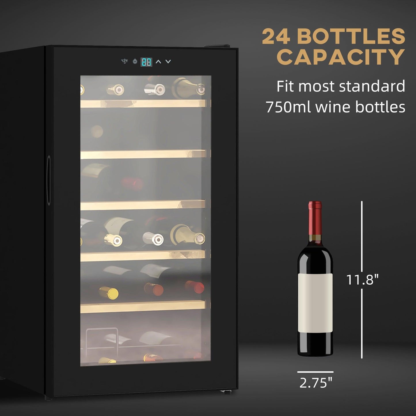 HOMCOM 24 Bottles Wine Fridge with Glass Door Digital Touch Screen Control LED Light - ALL4U RETAILER LTD