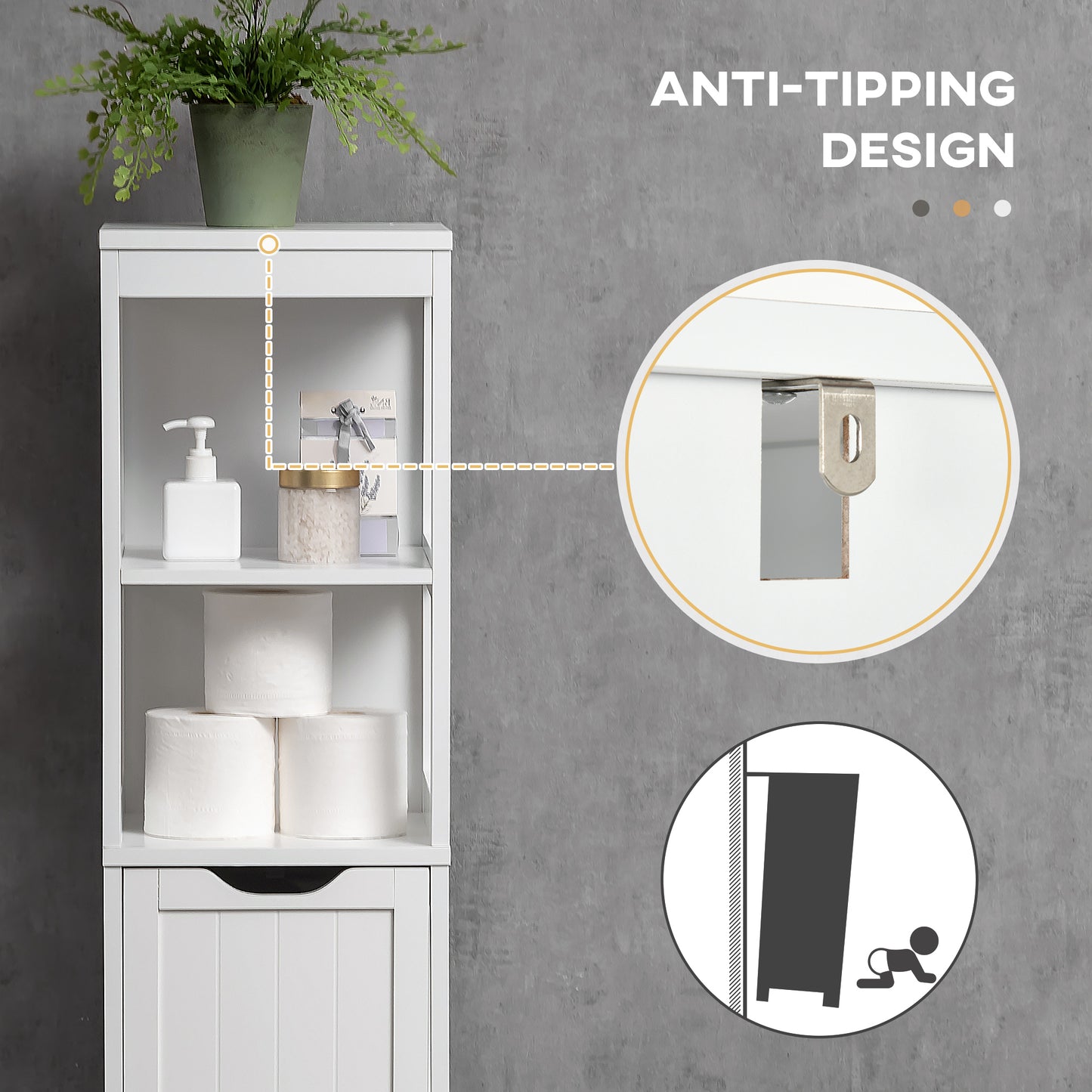 HOMCOM Narrow Floor Cabinet White With 3 Drawers And 2 Open Shelves For Bathroom And Kitchen Use 30W x 30D x 141.6H cm
