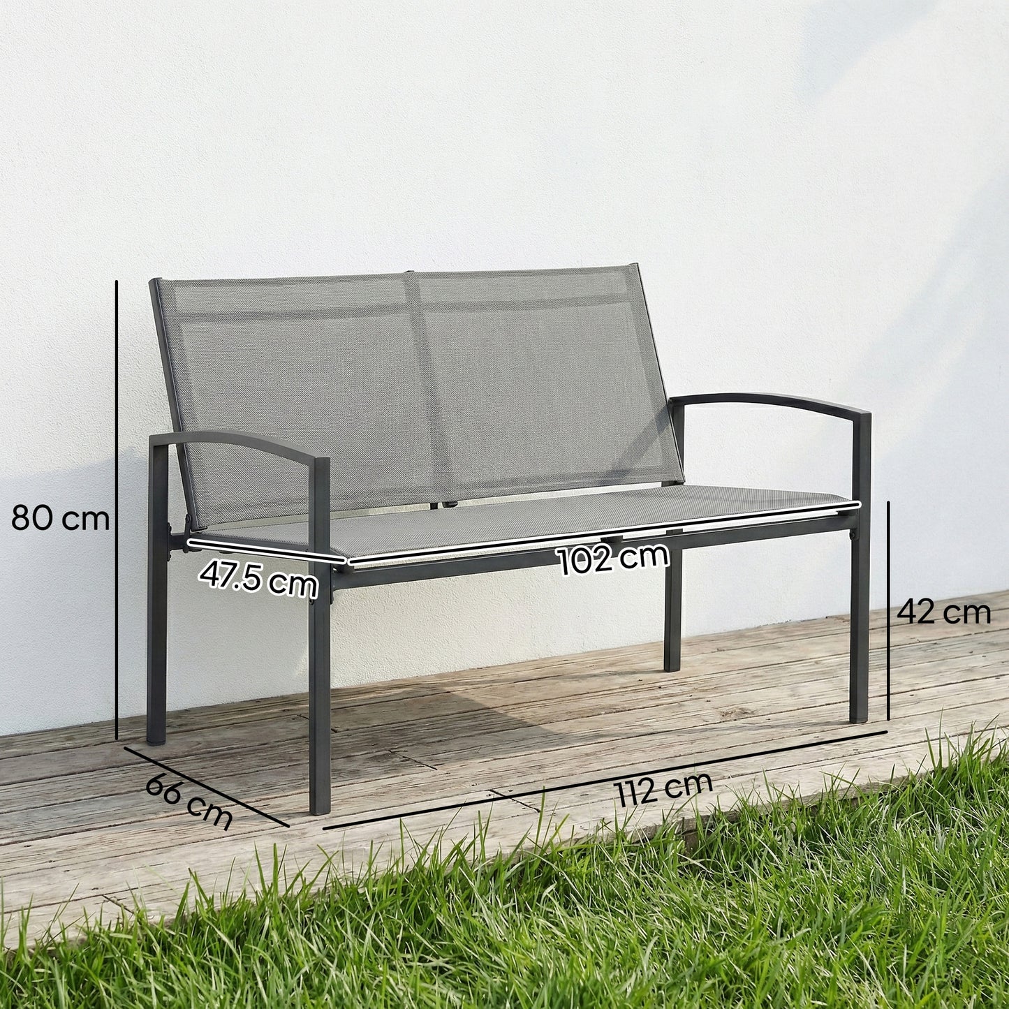 Outsunny Metal Garden Bench 2 Seater Outdoor Furniture With Breathable Texteline Grey Park Patio Seat