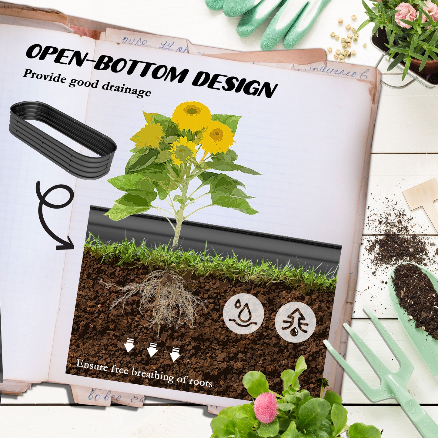 Outsunny Galvanised Raised Garden Bed Pack Of 2 With Safety Edging For Flowers Herbs Succulents Dark Grey