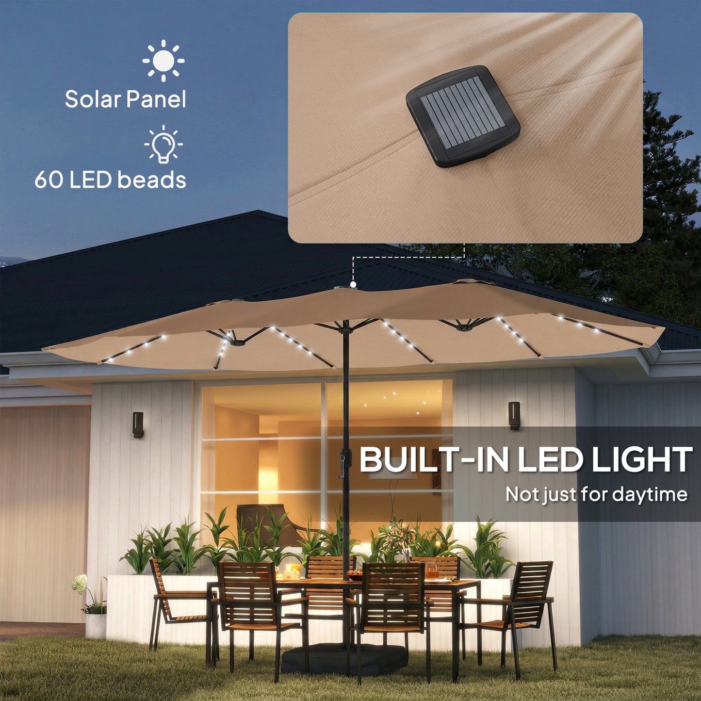 Outsunny Double Sided Patio Umbrella With Solar Powered LED Lights And Base Khaki 450 X 265 Cm Shade