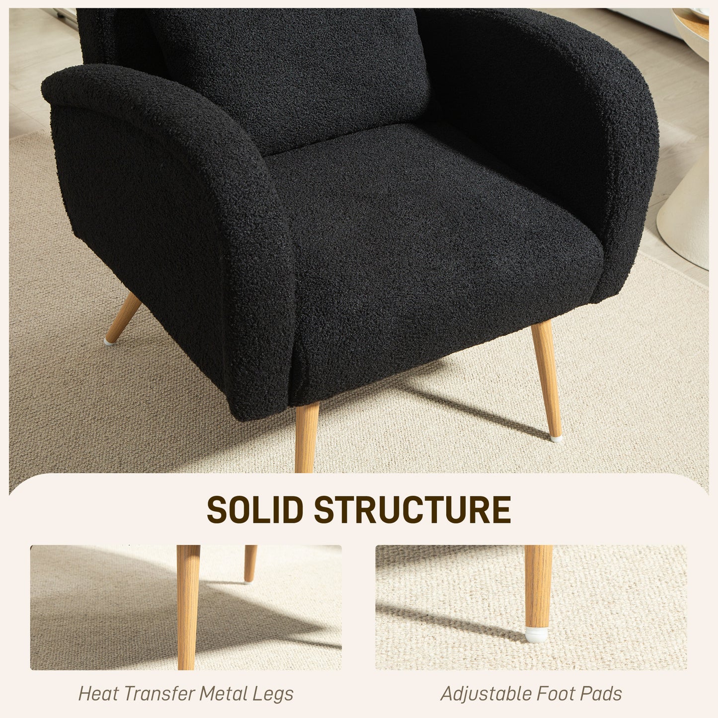 HOMCOM Teddy Fleece Accent Chair Black With Foam Padding And Metal Legs Wood Effect Finish