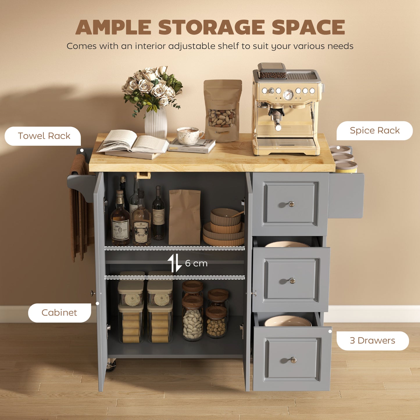 HOMCOM Kitchen Island On Wheels With Drop Leaf And Spice Rack Rolling Storage Trolley With Drawers Grey