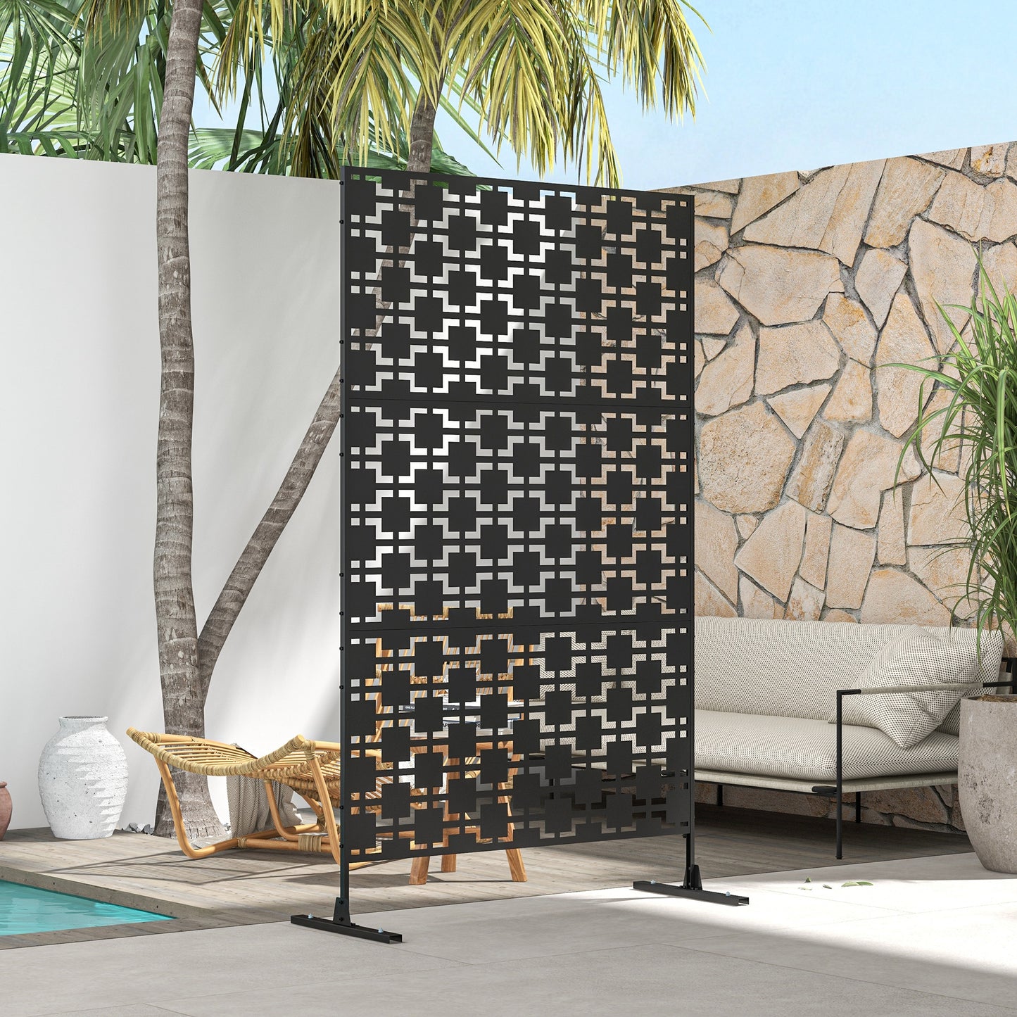 Stylish Black Steel Outdoor Privacy Screen with Leaf Motif and Trellis Functionality - ALL4U RETAILER LTD