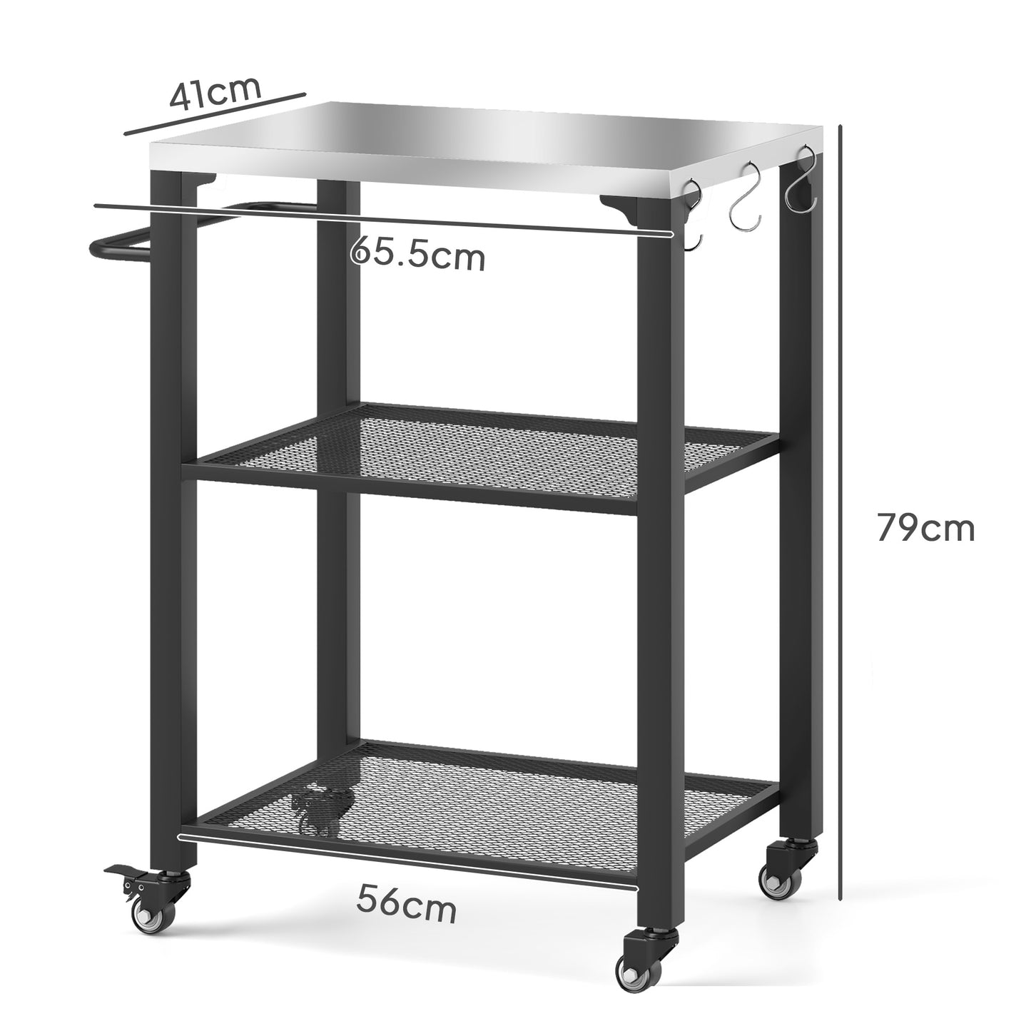 Outsunny Outdoor Grill Cart With Stainless Steel Top Three Shelf Kitchen Island On Wheels 3 Hooks Food Prep Table