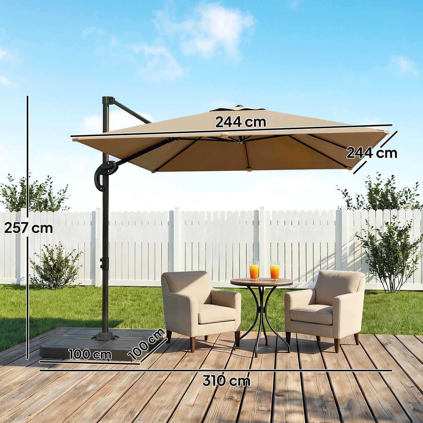 Outsunny 2.4m Square Cantilever Parasol With Weights UPF50 Offset Tilt Adjustment Khaki