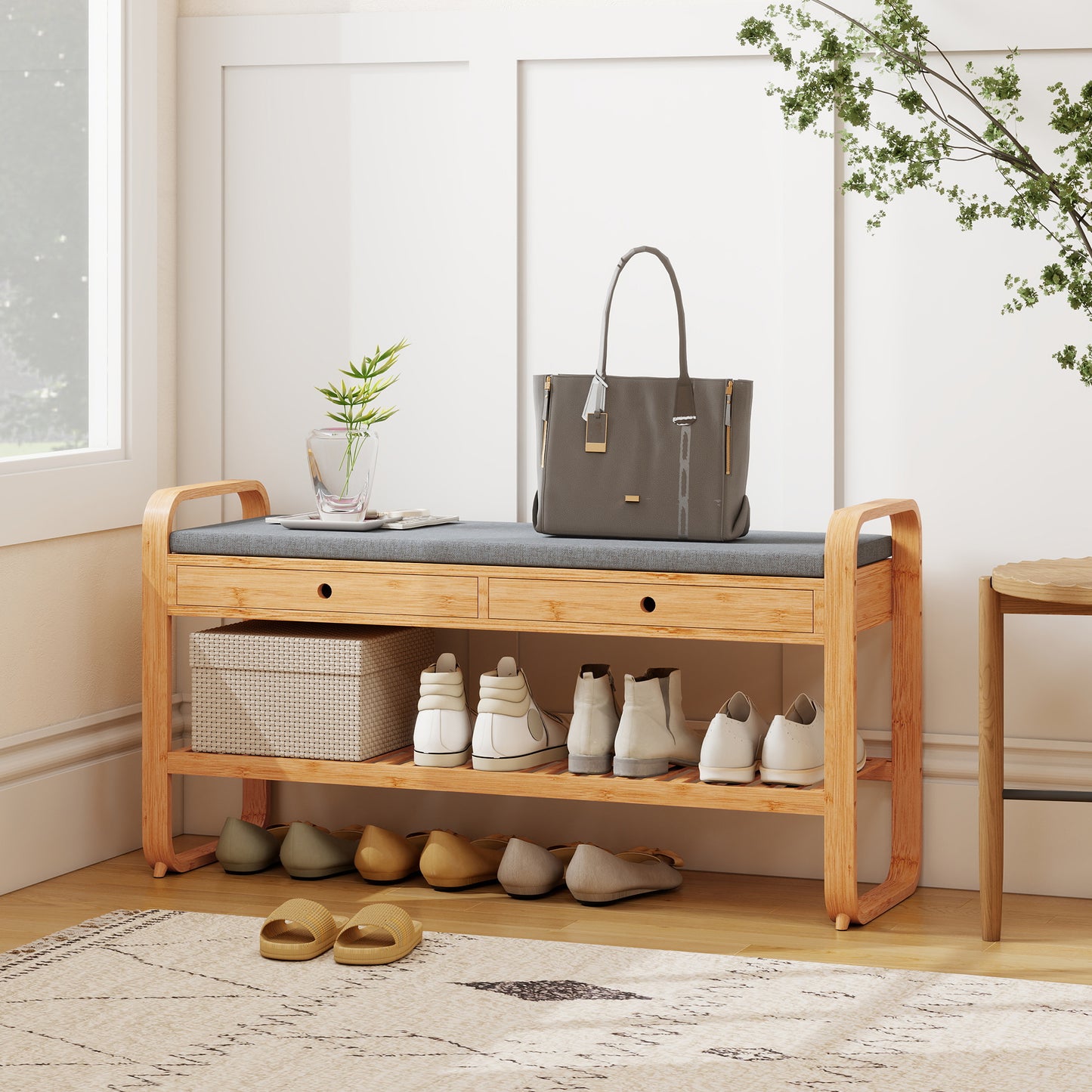 HOMCOM Shoe Bench With Cushioned Seat And Two Drawers 105 Cm Natural And Grey Hallway Storage