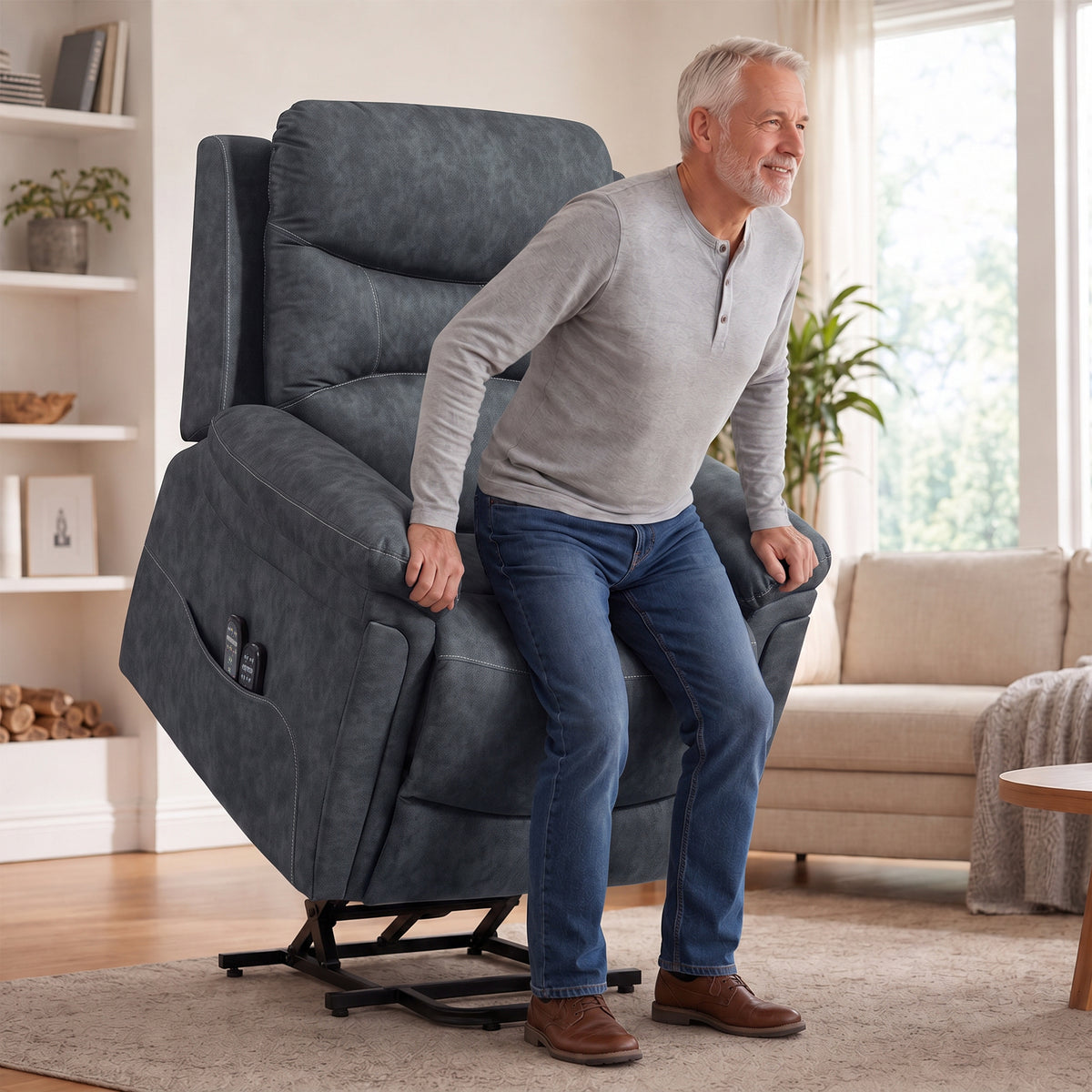 Grey lift recliner chair with back reclined and legrest extended, side control panel