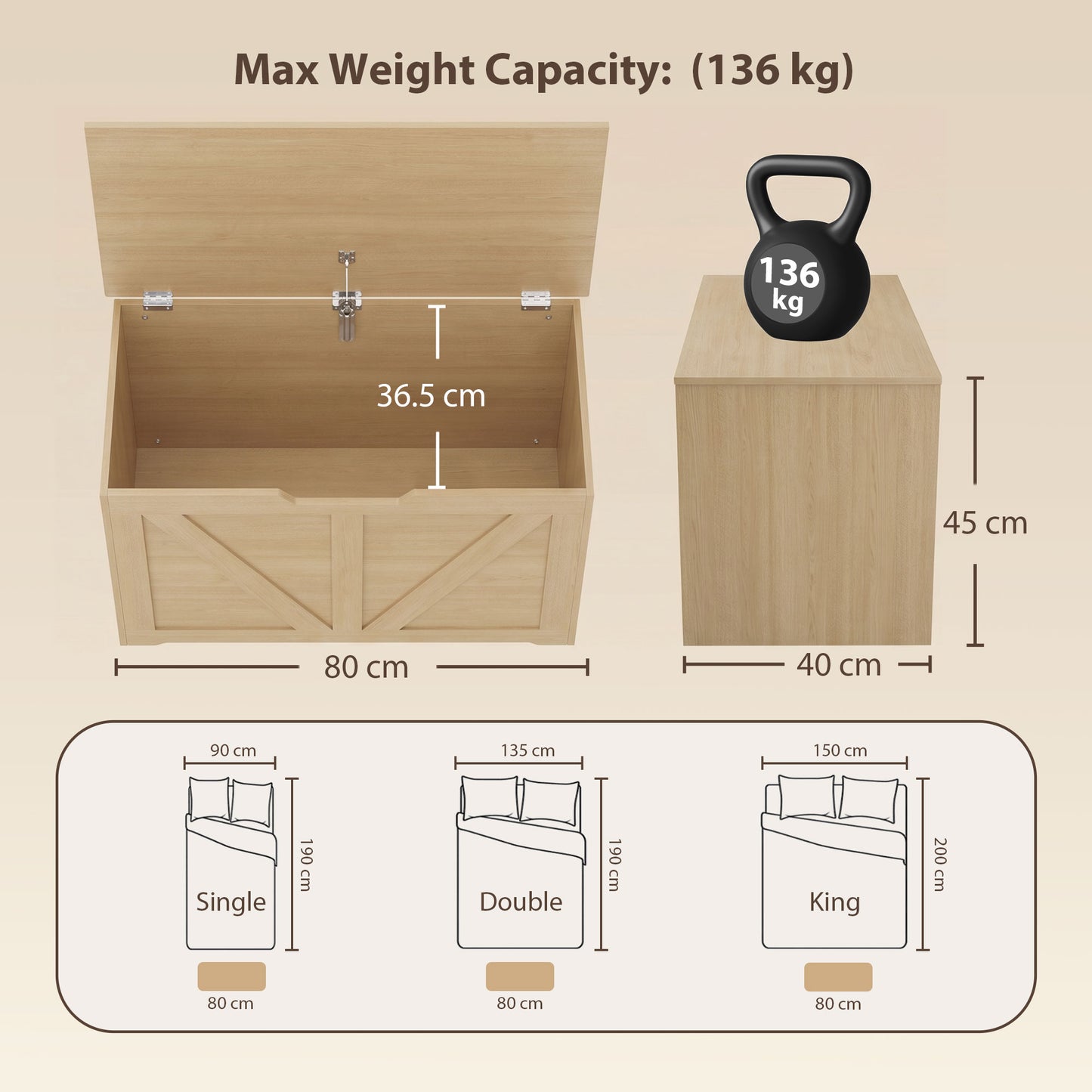 HOMCOM 100L Home Storage Box With Safety Hinge Nature Wood Finish Durable Seat Storage Chest Bench