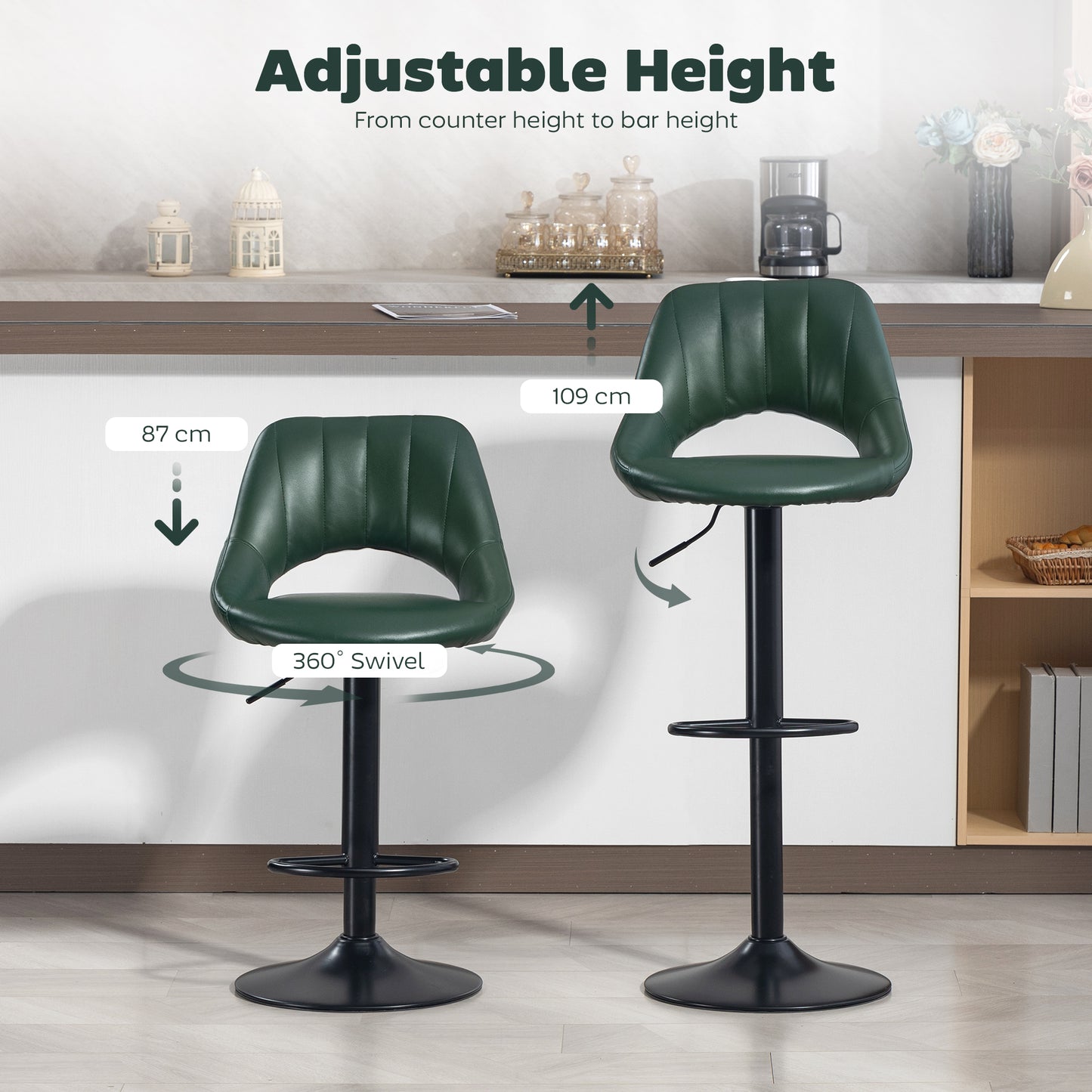 HOMCOM Set of Two Faux Leather Bar Stools Dark Green Adjustable Height 87 to 109 cm 360 Degree Swivel Comfort Foam