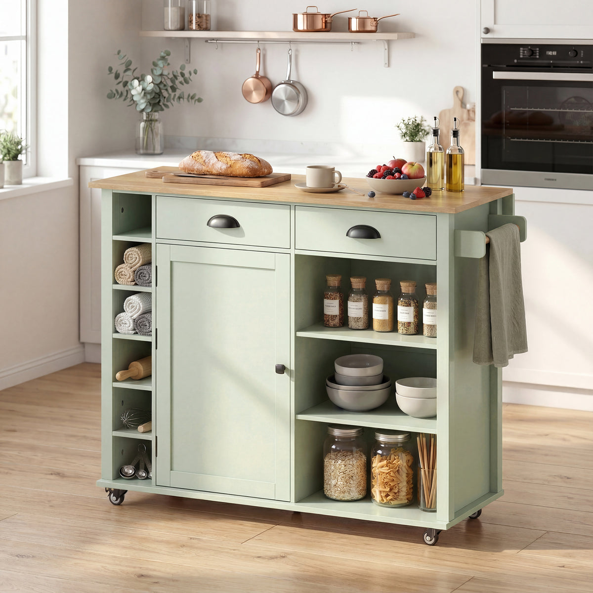 Light green kitchen island cabinet with open shelves, drawers, and towel bar on wheels