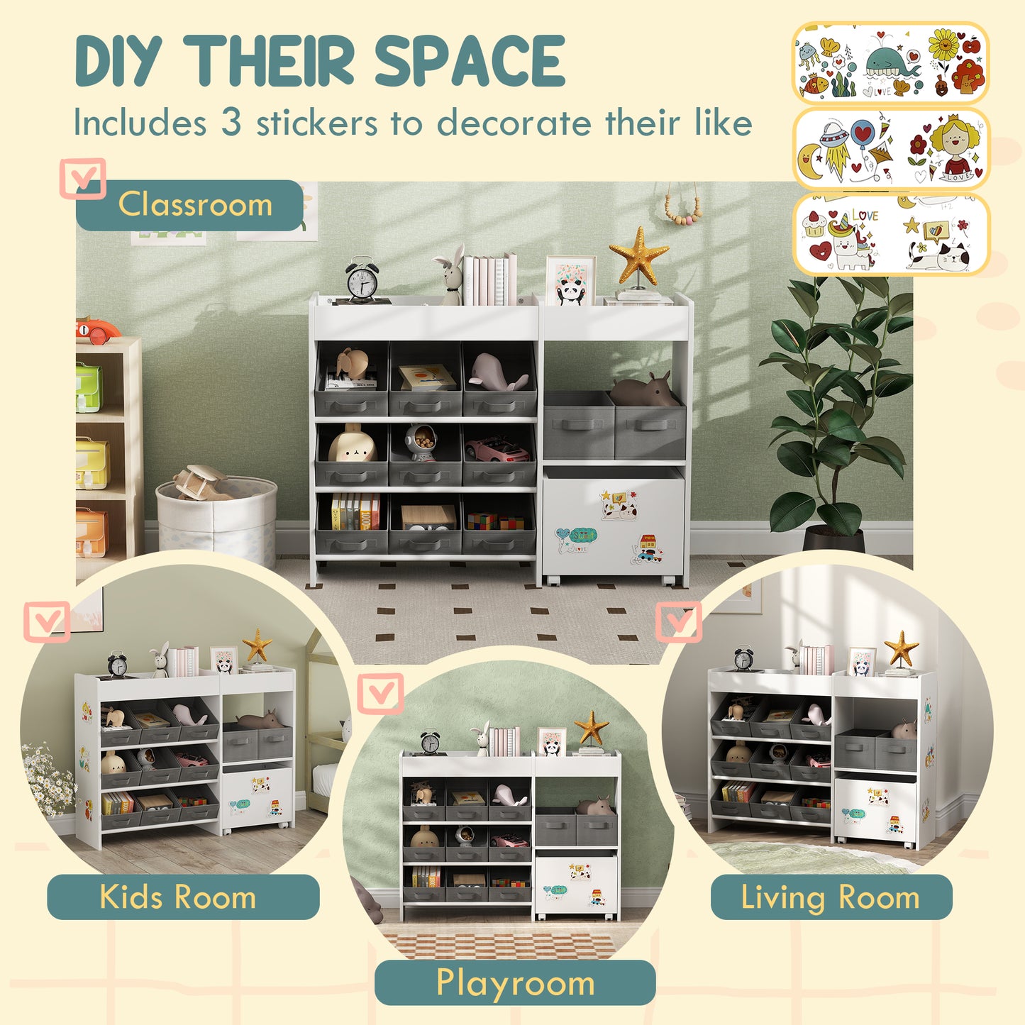 AIYAPLAY Kids Toy Storage Unit With 11 Fabric Bins Cabinet And Top Shelves White For Nursery And Playroom