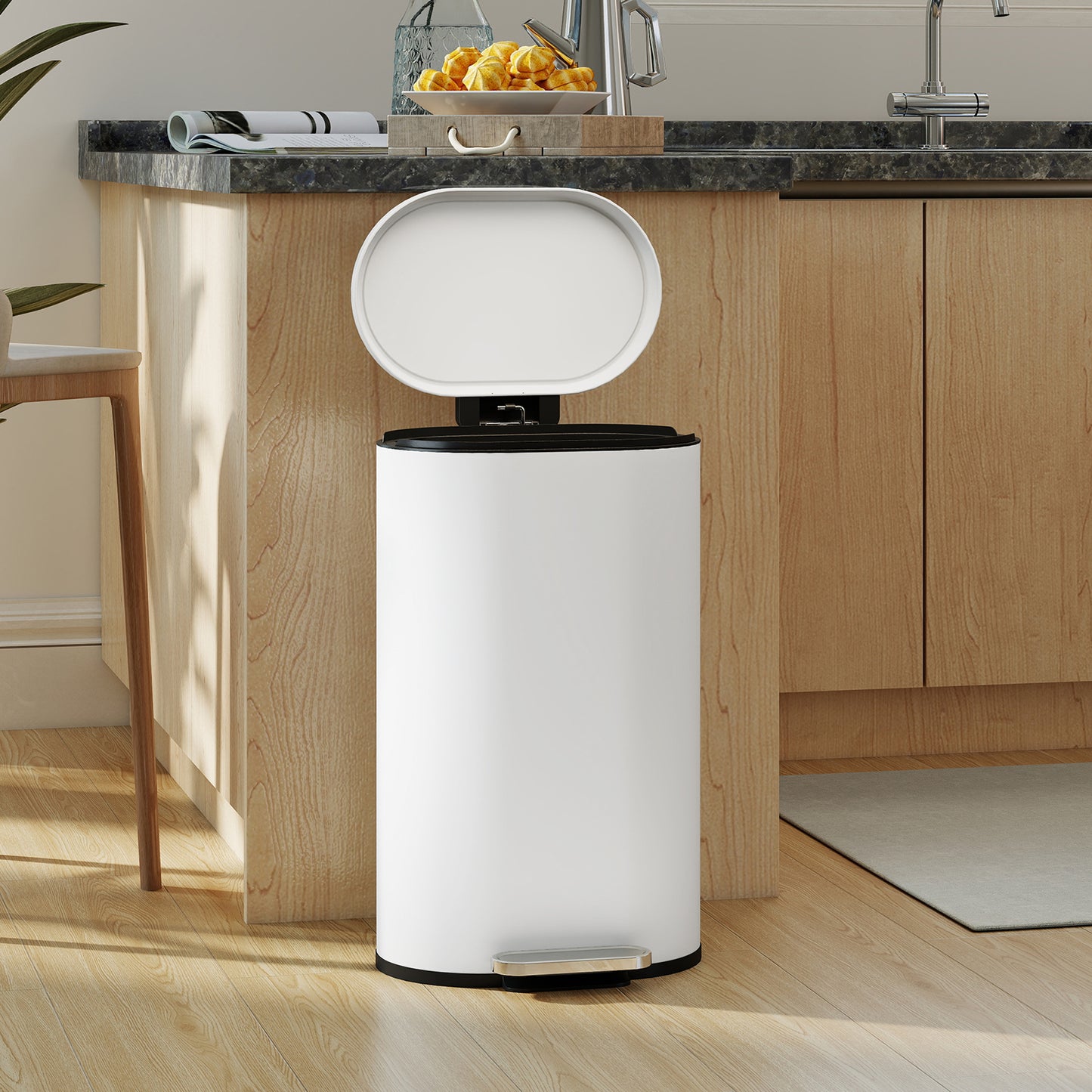 HOMCOM 30 L Modern Curved Kitchen Bin with Silent Soft Close Lid Cream Finish Pedal Operation