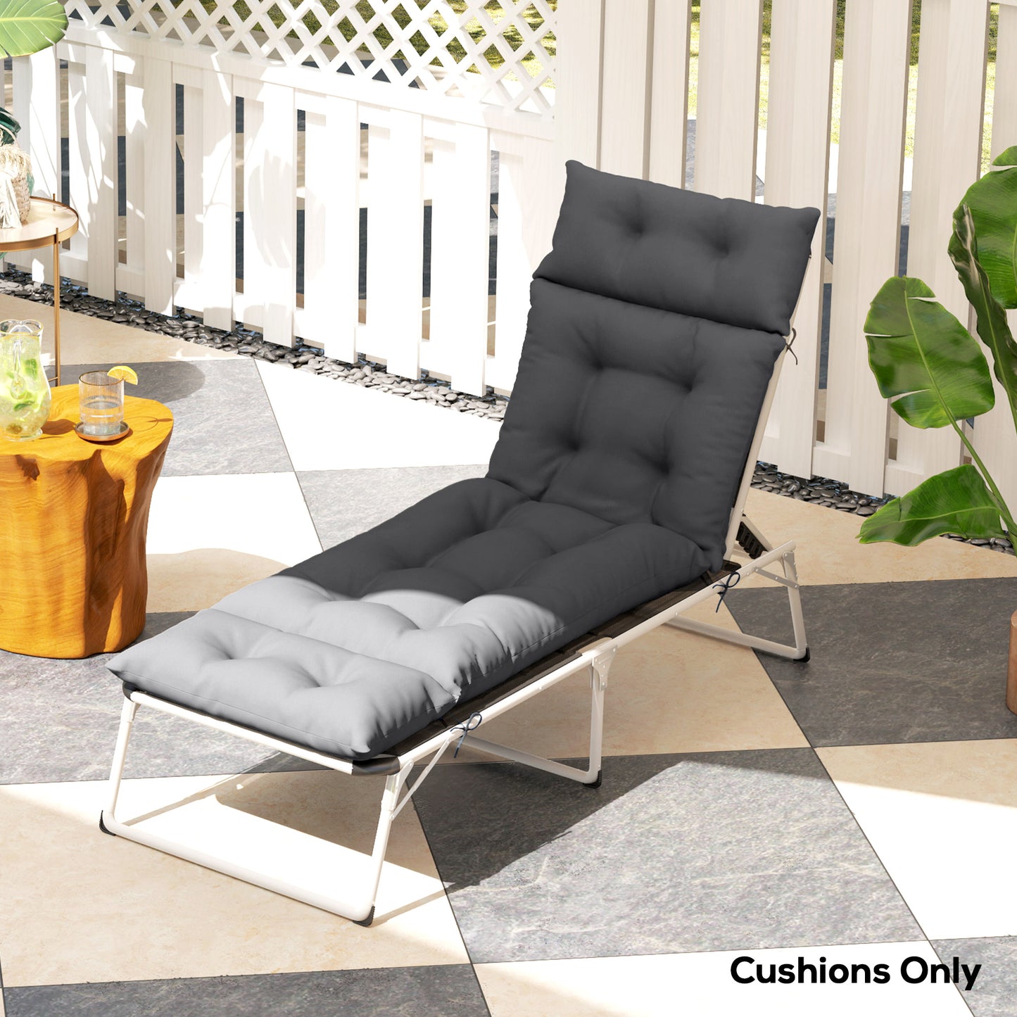 Outsunny Sun Lounger Cushions 190x56x10cm Two Pack With 6 Ties UPF20 Plus 220GSM Fabric Thick Dark Grey