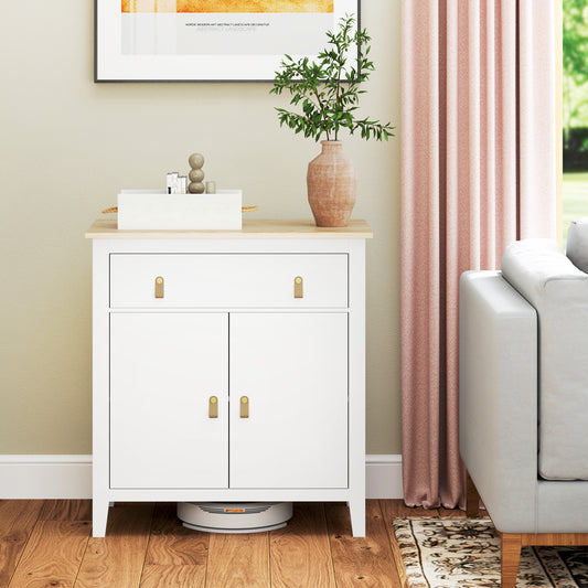 HOMCOM Farmhouse Style White Sideboard With Wood Effect Top And Faux Leather Handles For Kitchen Storage And Living Room