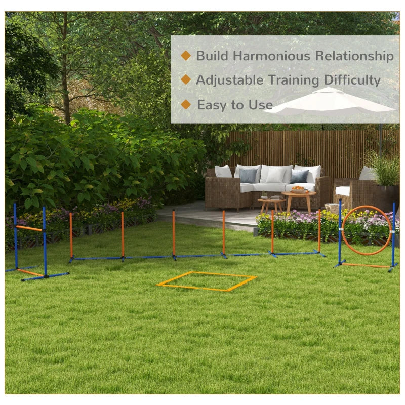 PawHut Dog Agility Equipment Set - 8 Pieces with Weave Poles, Jump Ring, Hurdle, Pause Box, Training Shorts, Bag - Orange - ALL4U RETAILER LTD