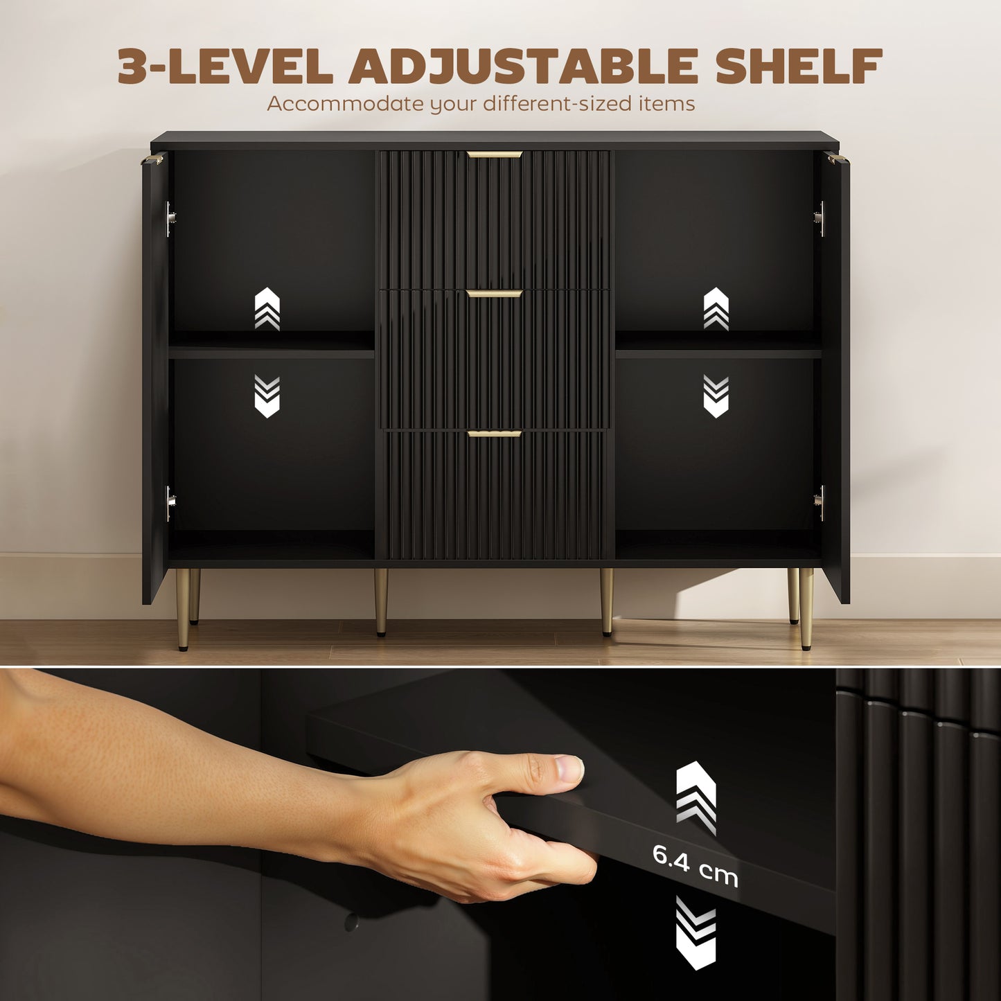 HOMCOM 2 Door Sideboard With 3 Drawers And Adjustable Shelves Black Storage Cabinet