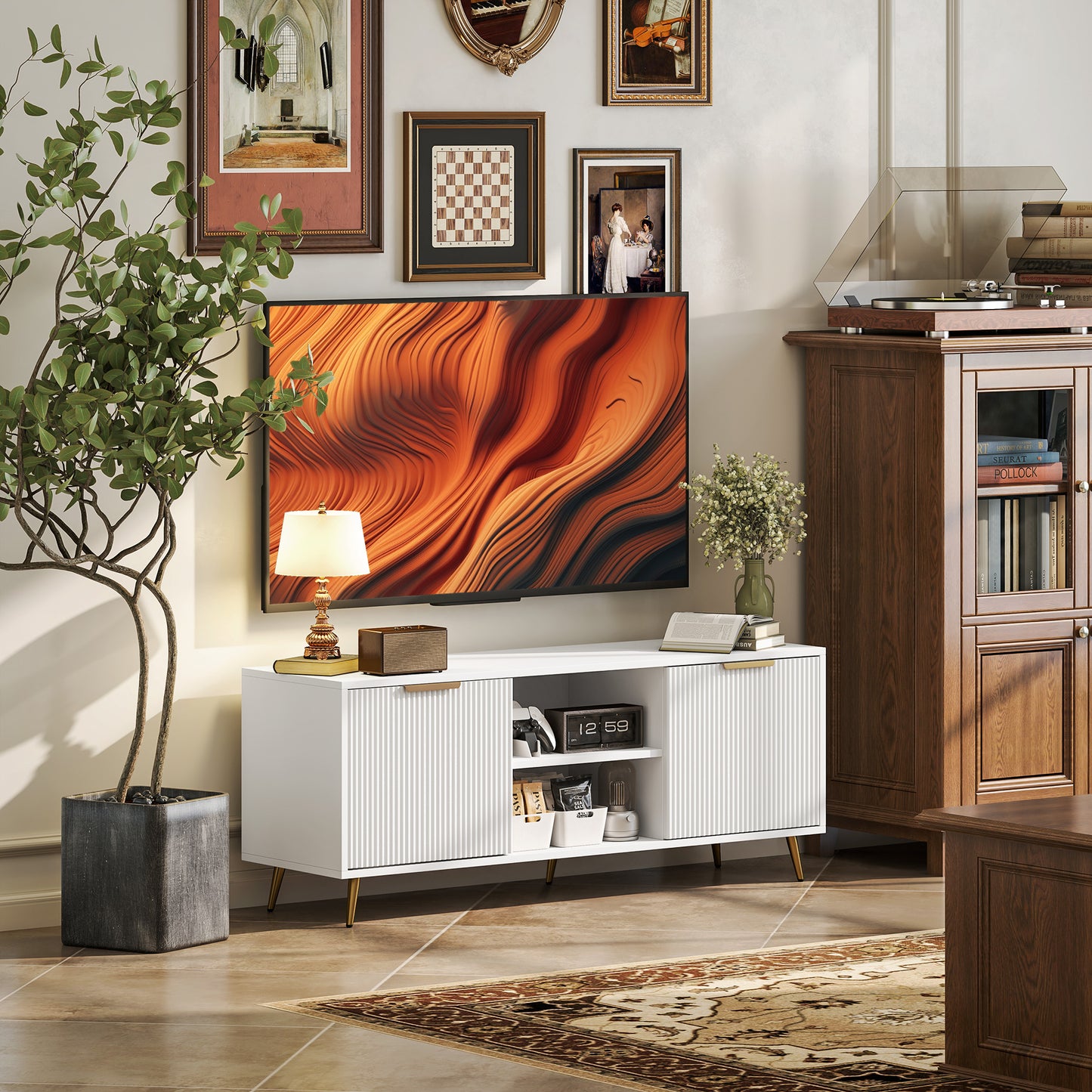 HOMCOM Modern TV Stand For 55 Inch TVs White Entertainment Center With 2 Cabinets Open Shelves Cable Management