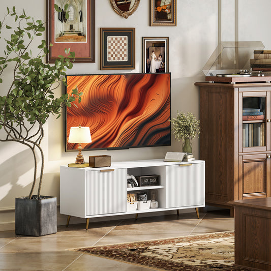 HOMCOM Modern TV Stand For 55 Inch TVs White Entertainment Center With 2 Cabinets Open Shelves Cable Management