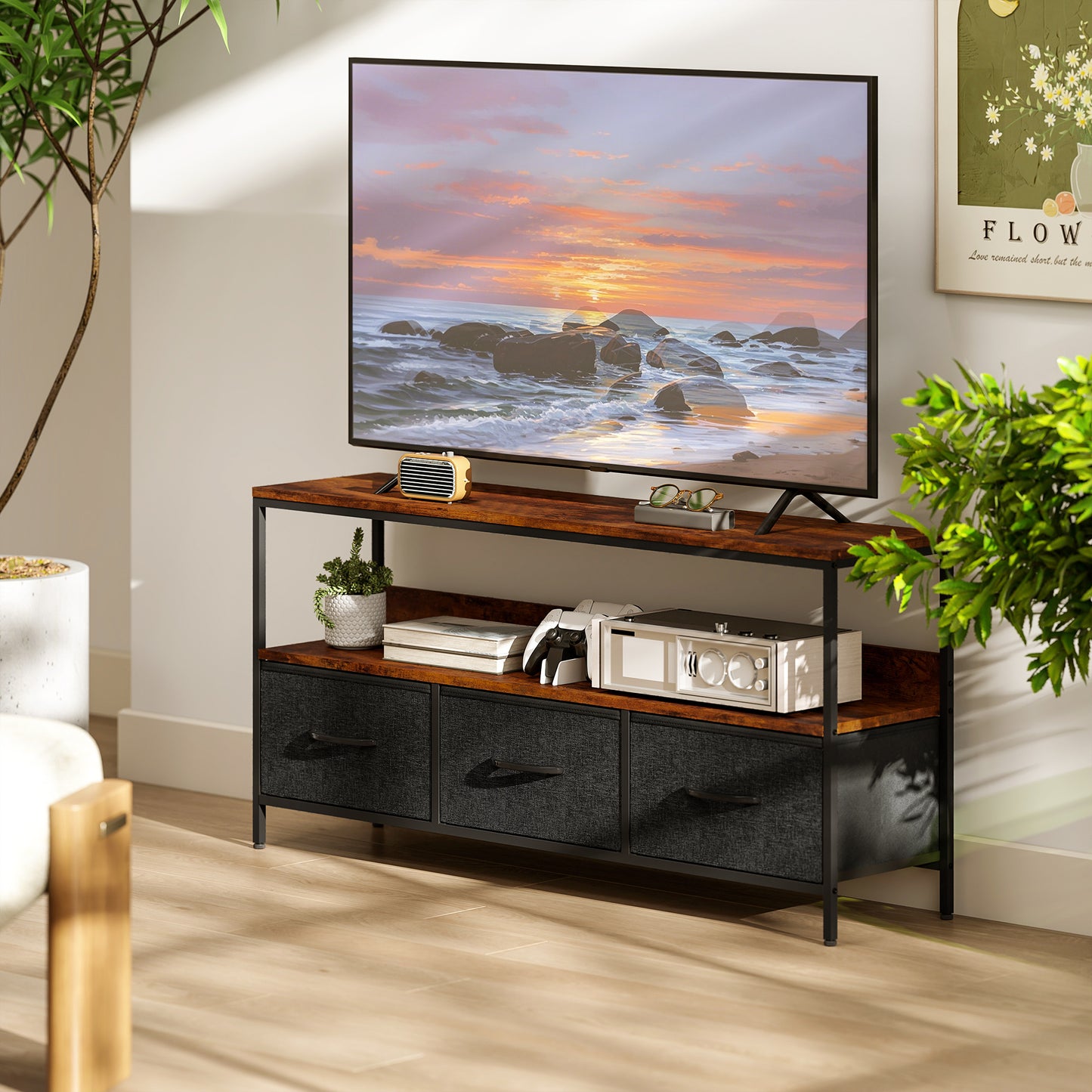 HOMCOM TV Stand Cabinet With 3 Foldable Drawers In Rustic Brown For 55 Inch TV Dual Color Modern Centerpiece