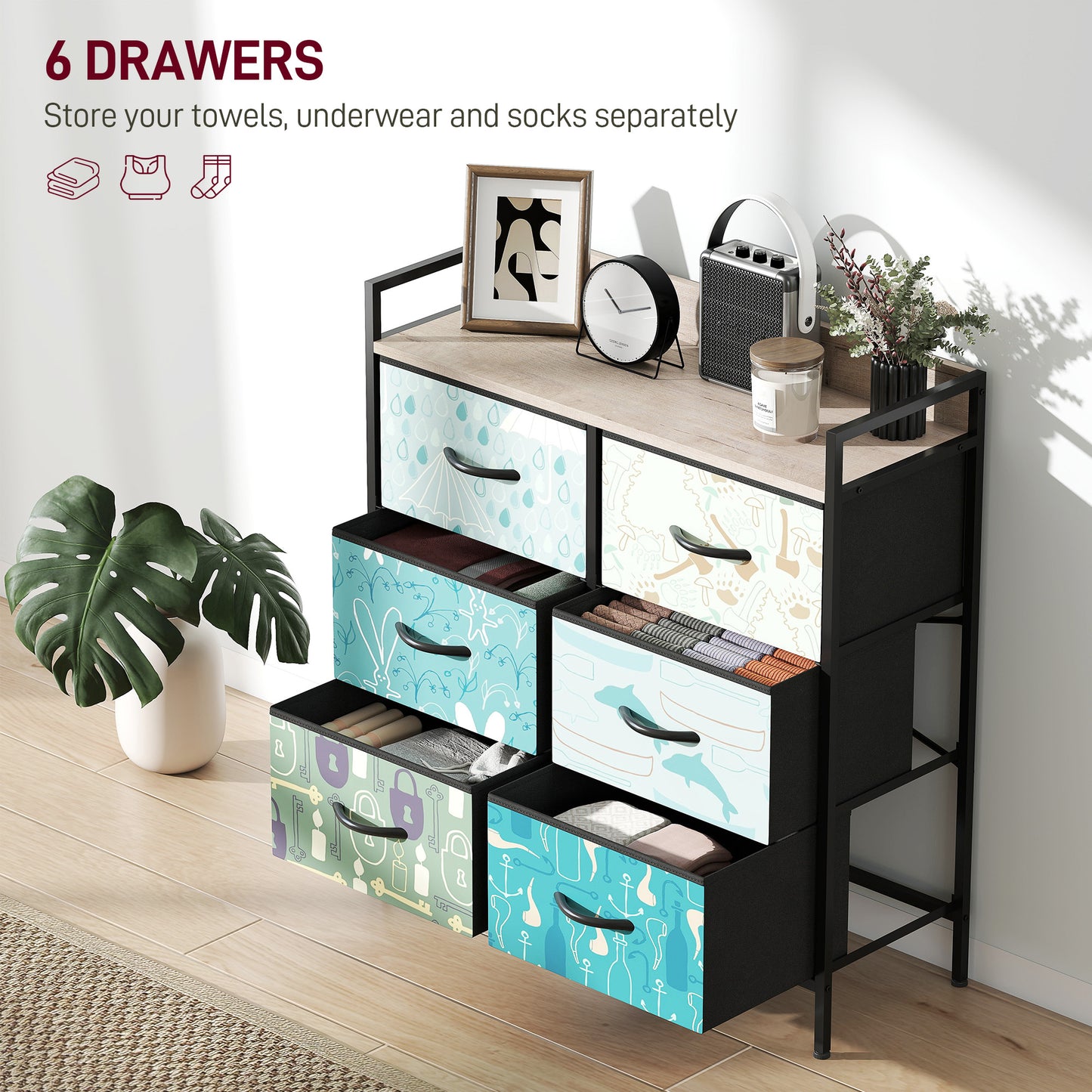 HOMCOM 6-Drawer Chest of Drawers in Blue With Removable Fabric Drawers and Patterned Panels