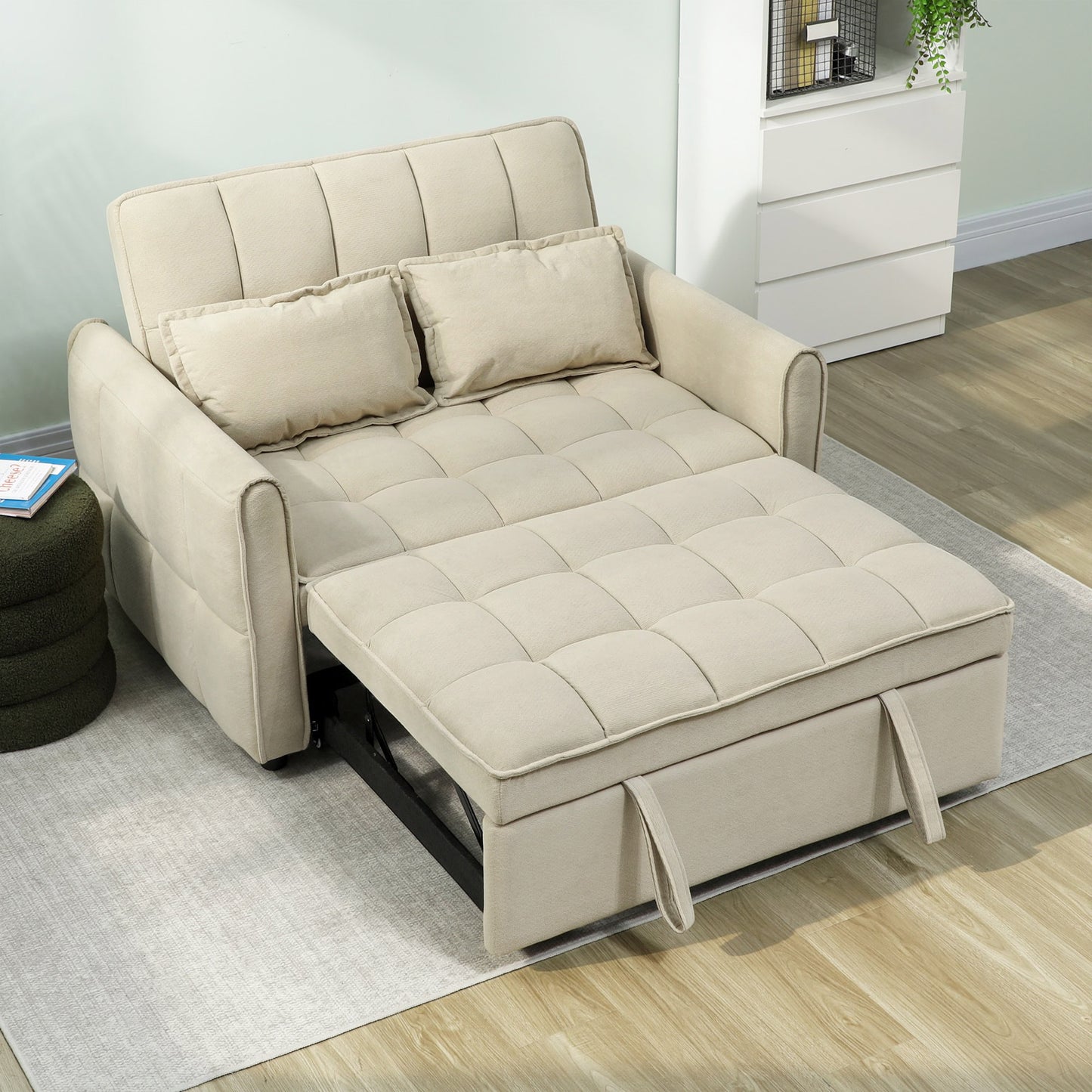 HOMCOM 2 Seater Sofa Bed 3 In 1 Convertible Sleeper Sofa With Click Clack Adjustable Backrest And 2 Pillows Light Brown