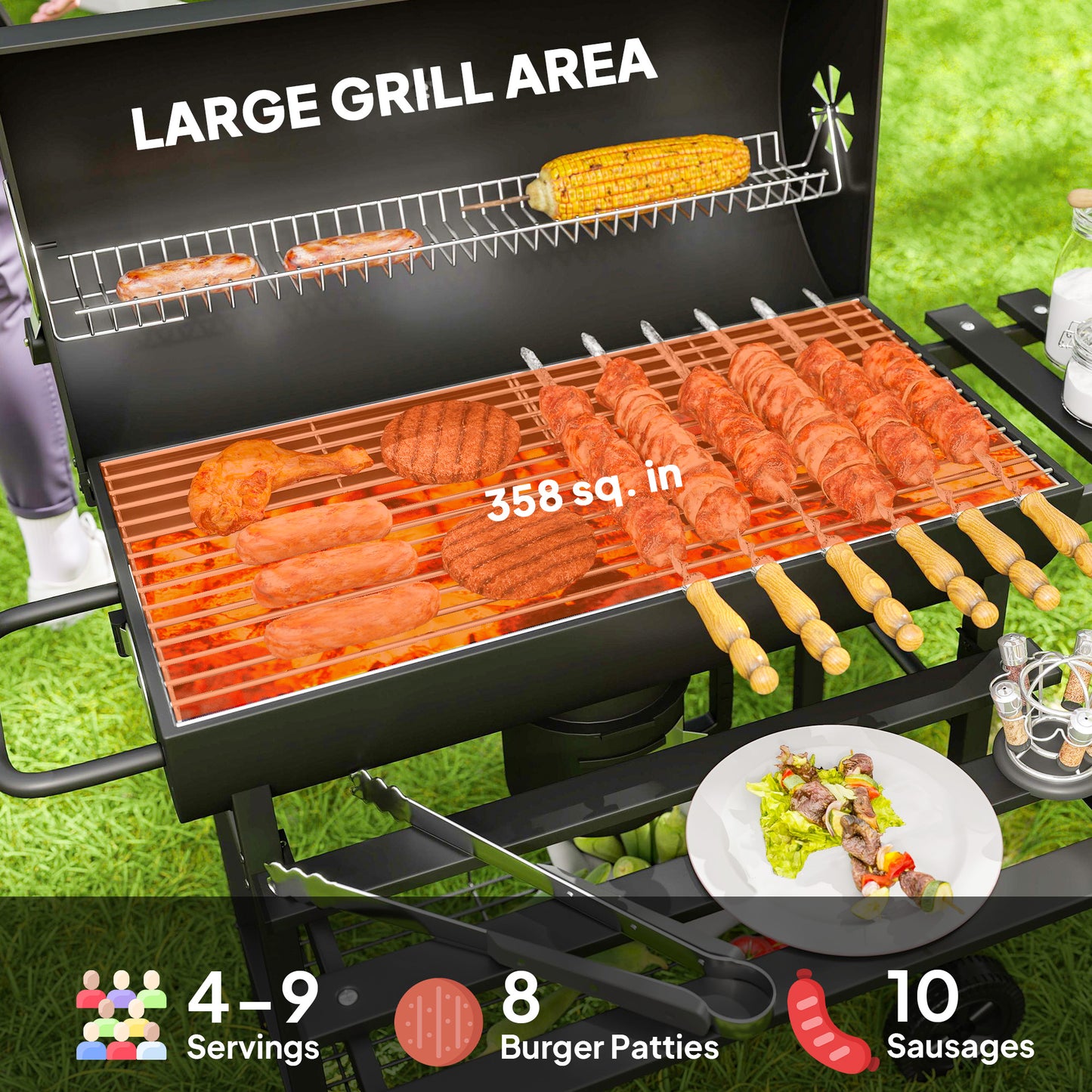 Outsunny Charcoal BBQ Grill With Foldable Front Shelf And Wheels Smoker With Warming Rack Temp Gauge And Lid Black