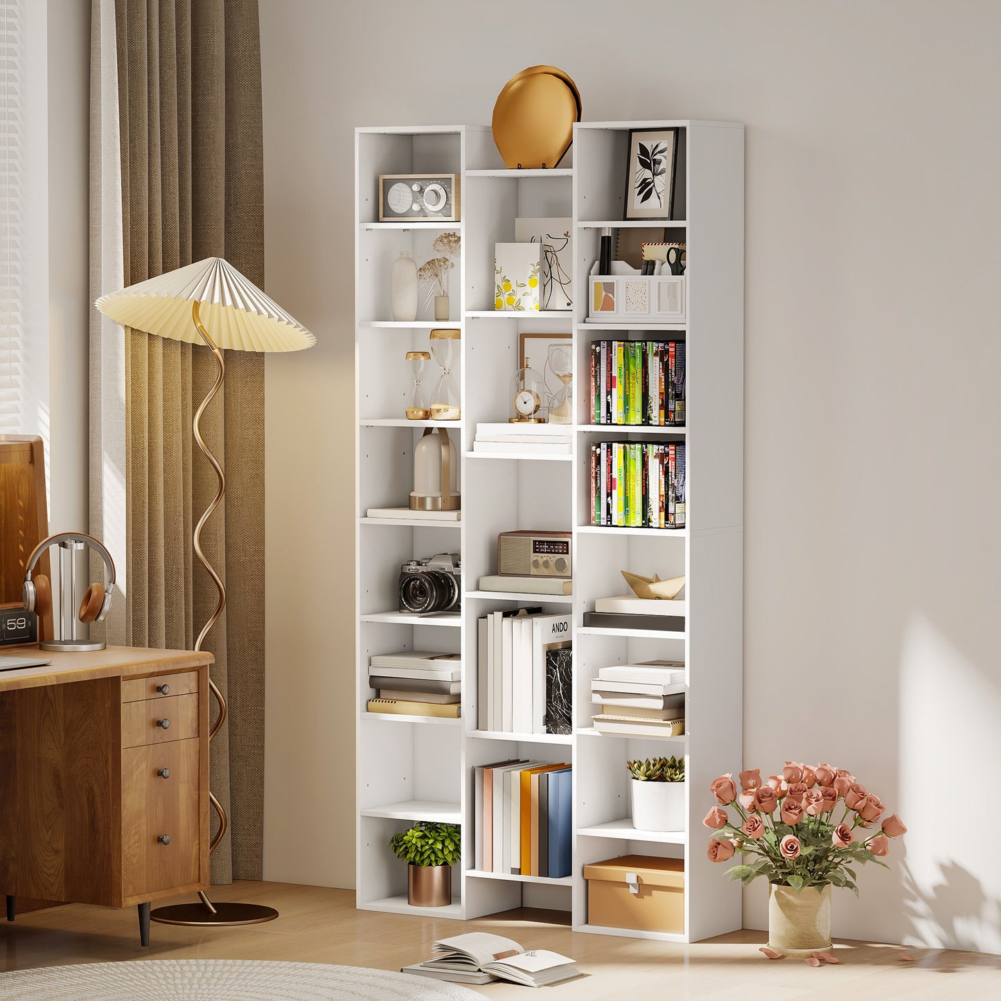 HOMCOM 21 Compartment Tall Bookshelf White With Adjustable Shelves For Living Room Storage