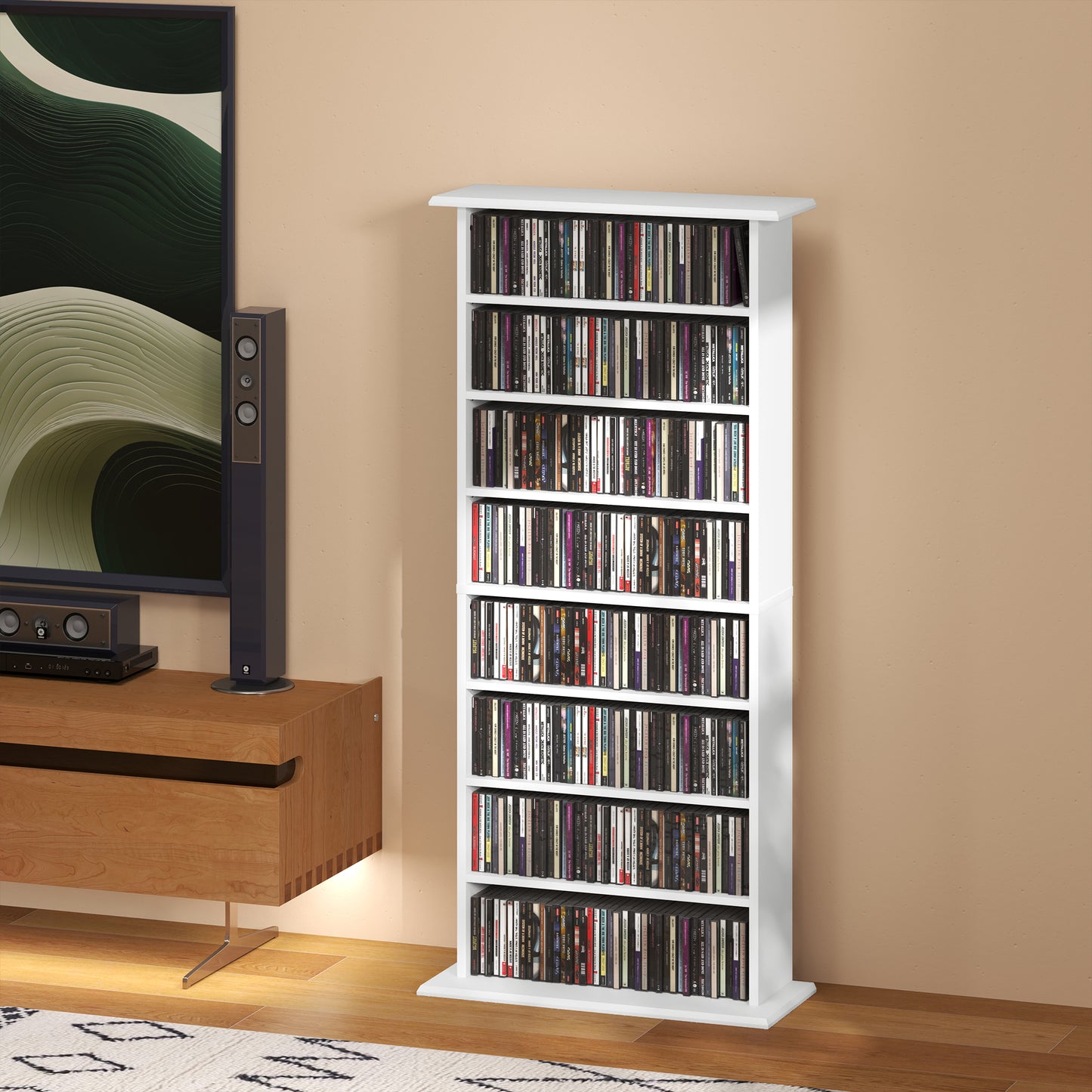 HOMCOM 360 CD Storage Unit White With 8 Shelves Holds 360 CDs Or 185 DVDs Blu Rays Anti Tip Straps For Wall Fixing