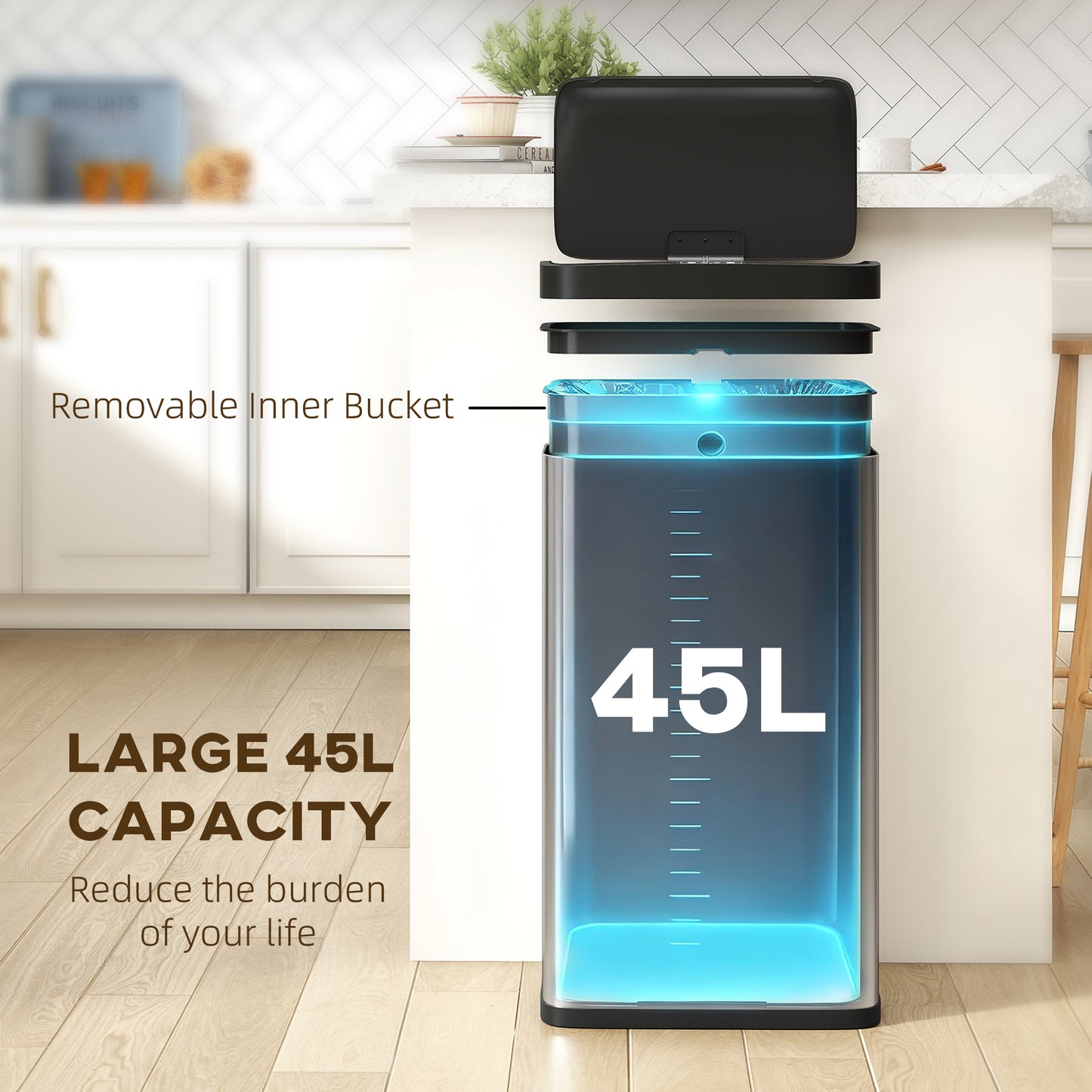 HOMCOM 45 Liter Stainless Steel Trash Can With Touchless Motion Sensor And Soft Close Lid Removable Inner Bucket