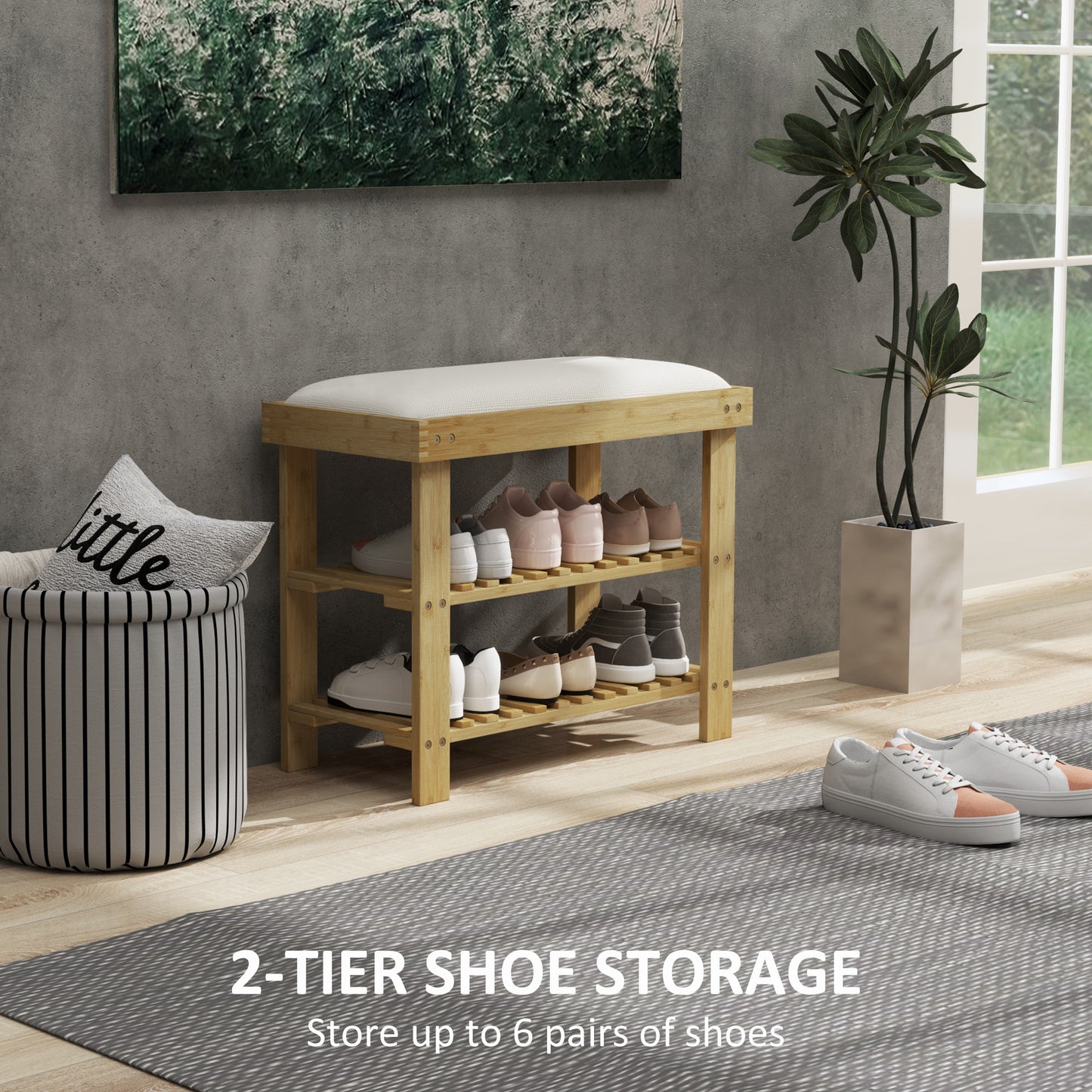 HOMCOM Bamboo Shoe Storage Bench 3 Tier With Seat Cushion Cream White for Entryway Hallway Living Room Bedroom