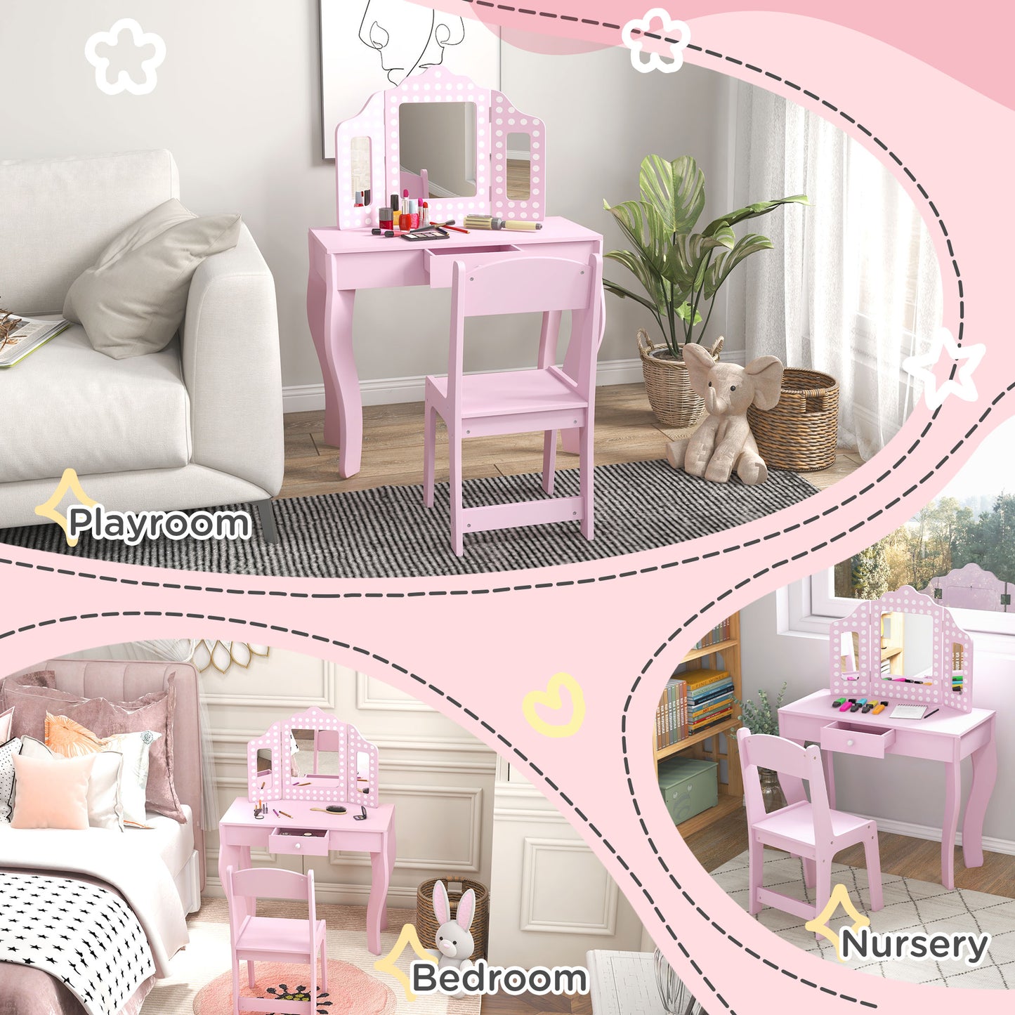 AIYAPLAY Pink Kids Vanity Set with Stool & Tri-Fold Mirror - Perfect for Playrooms & Bedrooms - ALL4U RETAILER LTD