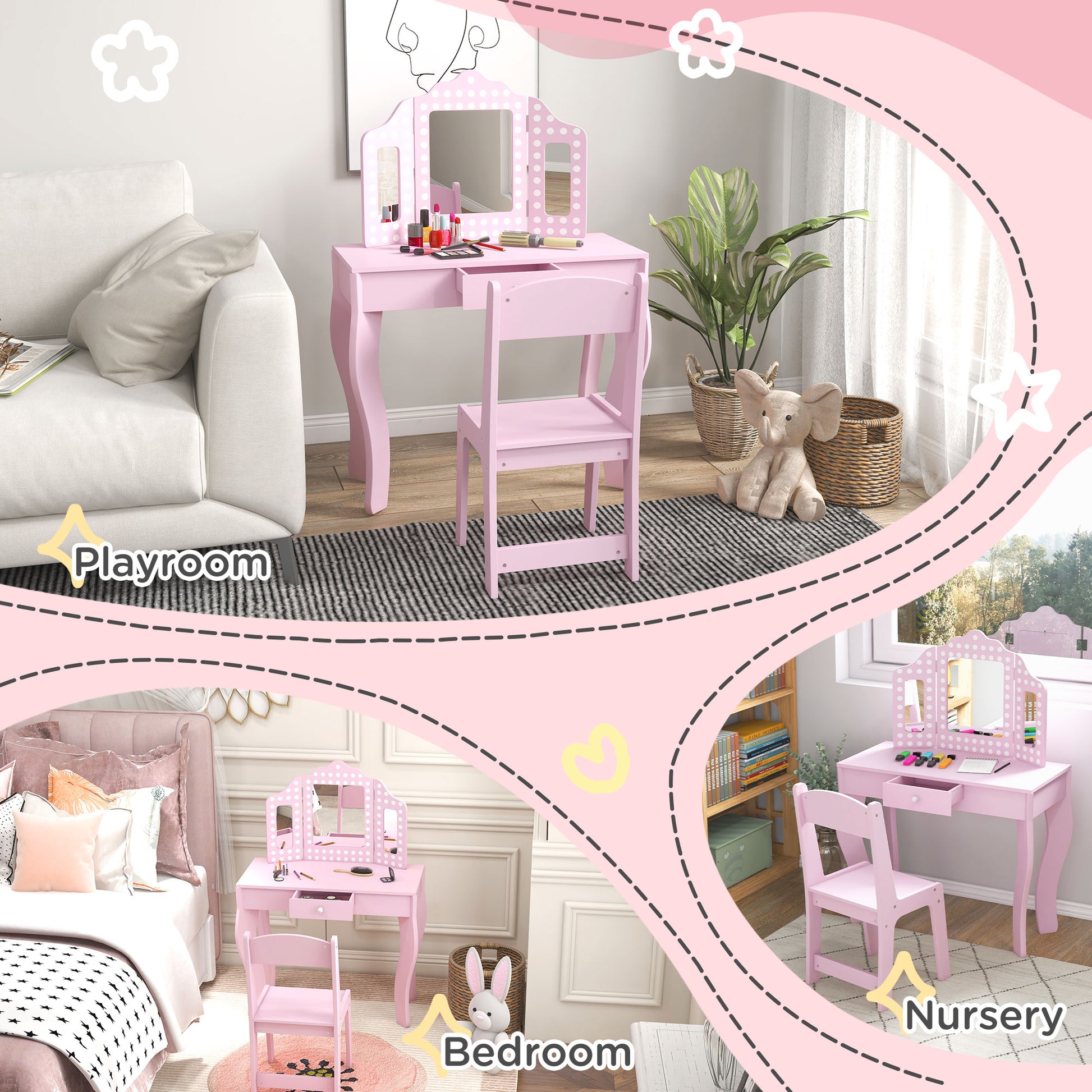 AIYAPLAY Pink Kids Vanity Set with Stool & Tri-Fold Mirror - Perfect for Playrooms & Bedrooms - ALL4U RETAILER LTD