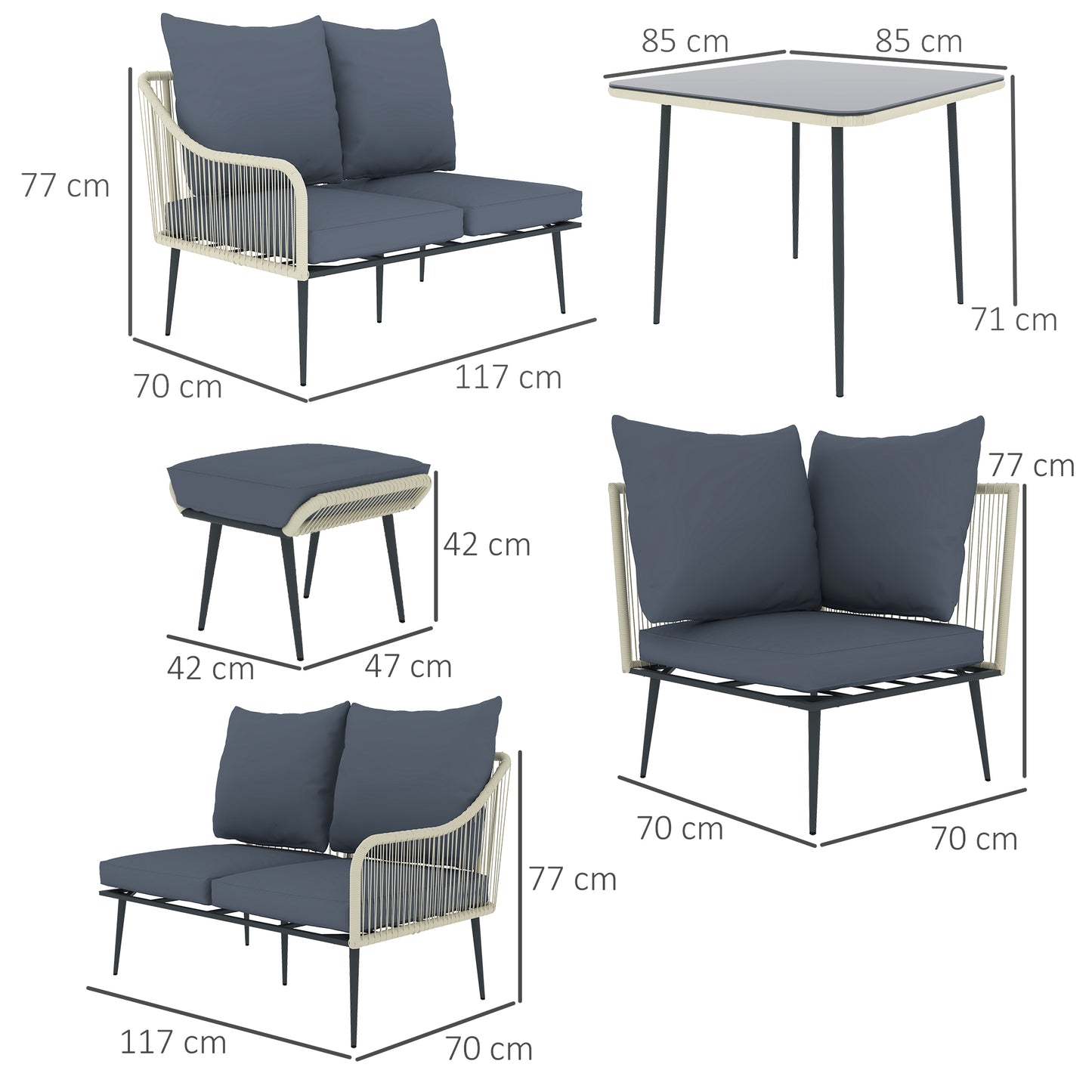 Outsunny Six Piece Rattan Garden Sofa Set Grey With Square Table And Footstools