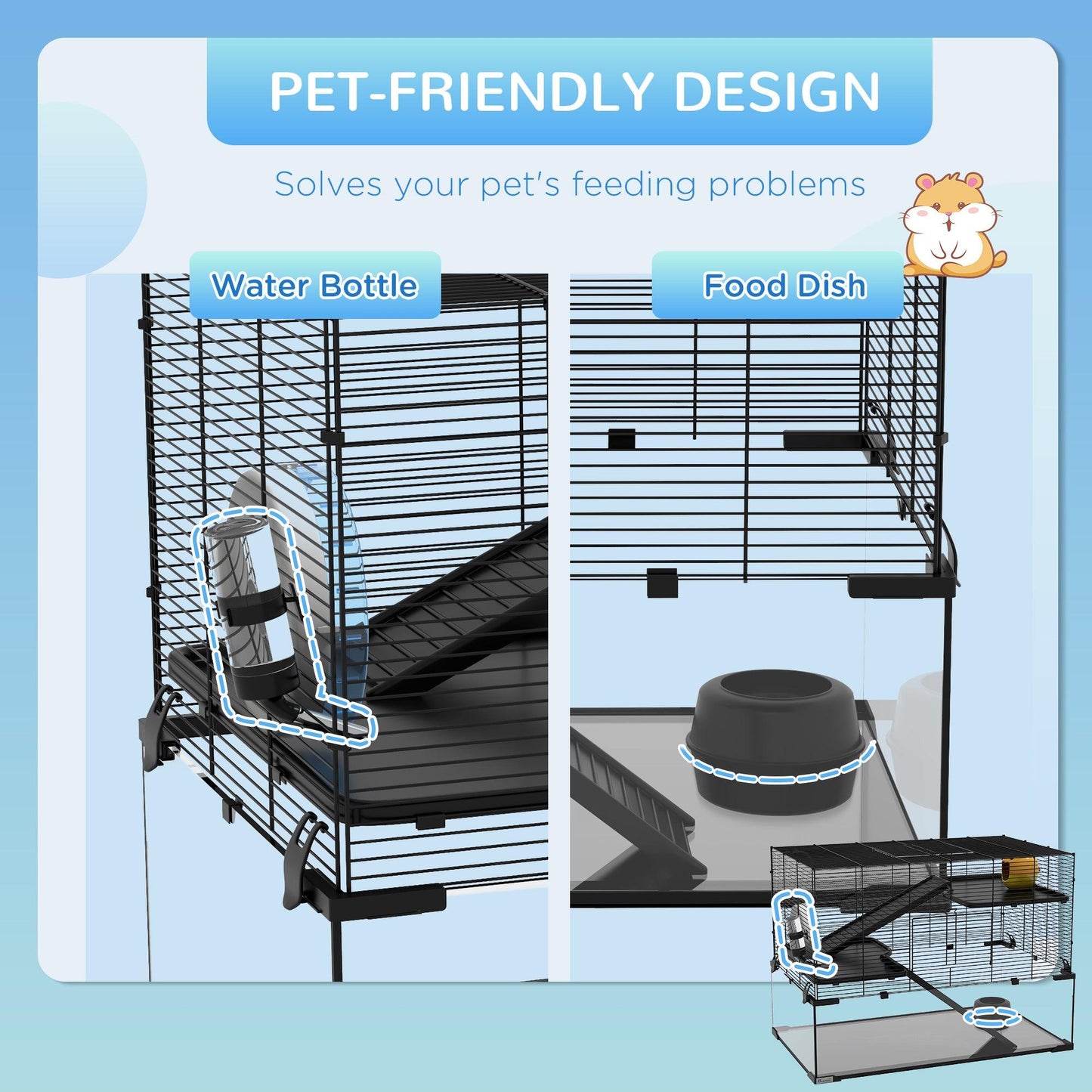 PawHut 3-Tier Hamster Cage with Glass Bottom and Accessories - ALL4U RETAILER LTD