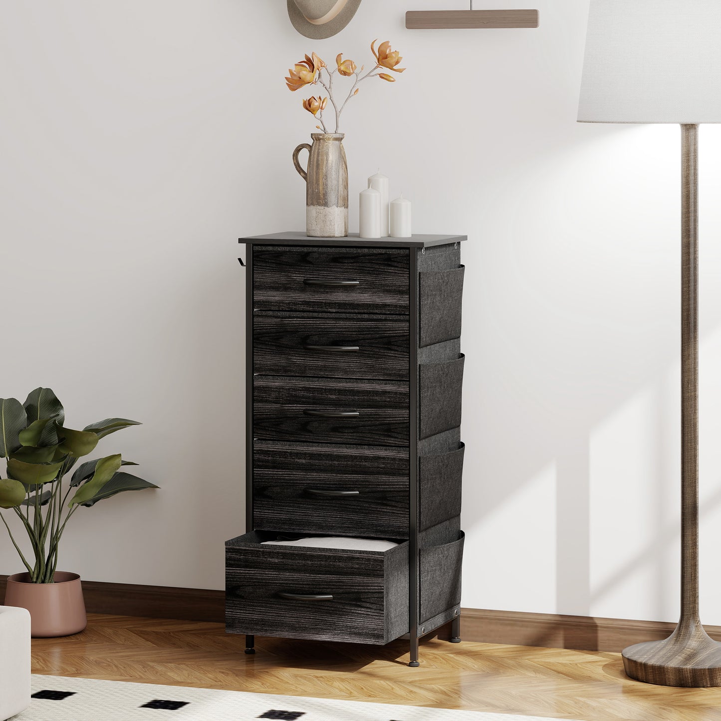 HOMCOM Five Drawers Fabric Chest of Drawers with Steel Frame and X Bar Support Black