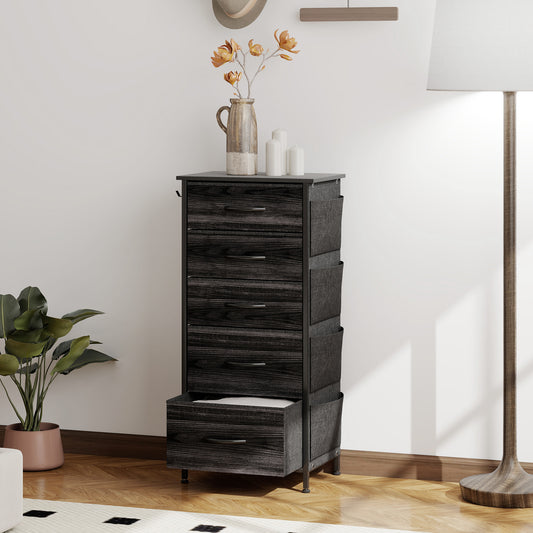HOMCOM Five Drawers Fabric Chest of Drawers with Steel Frame and X Bar Support Black