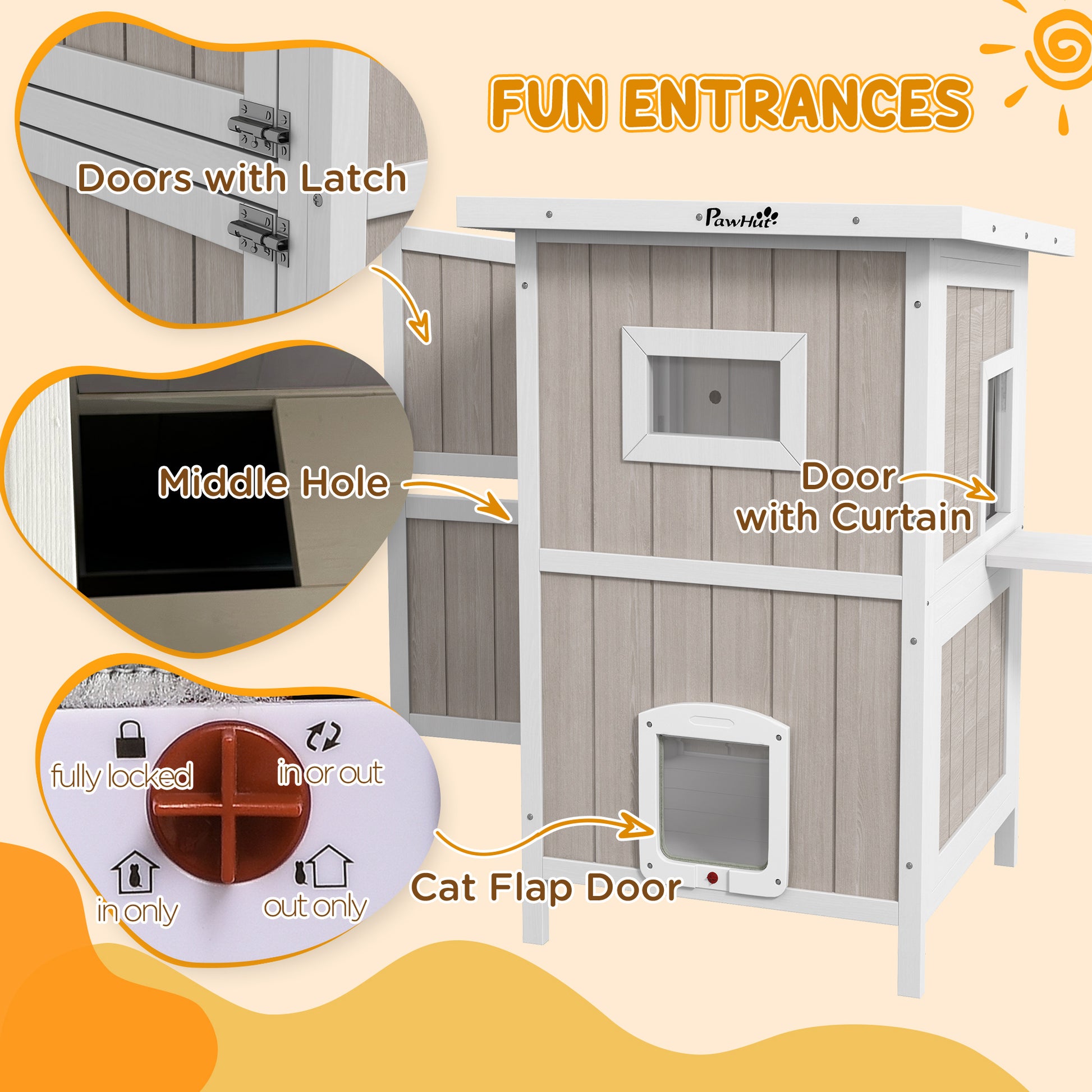 PawHut Light Grey Two-Tiered Wooden Cat Shelter with Escape Doors and Removable Bottom for Outdoor Fun - Ideal for 1-2 Cats - ALL4U RETAILER LTD