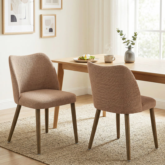 HOMCOM Dining Chairs Set of 2 Linen Upholstered Kitchen Chairs Padded Seat Curved Backrest Rubberwood Legs Brown