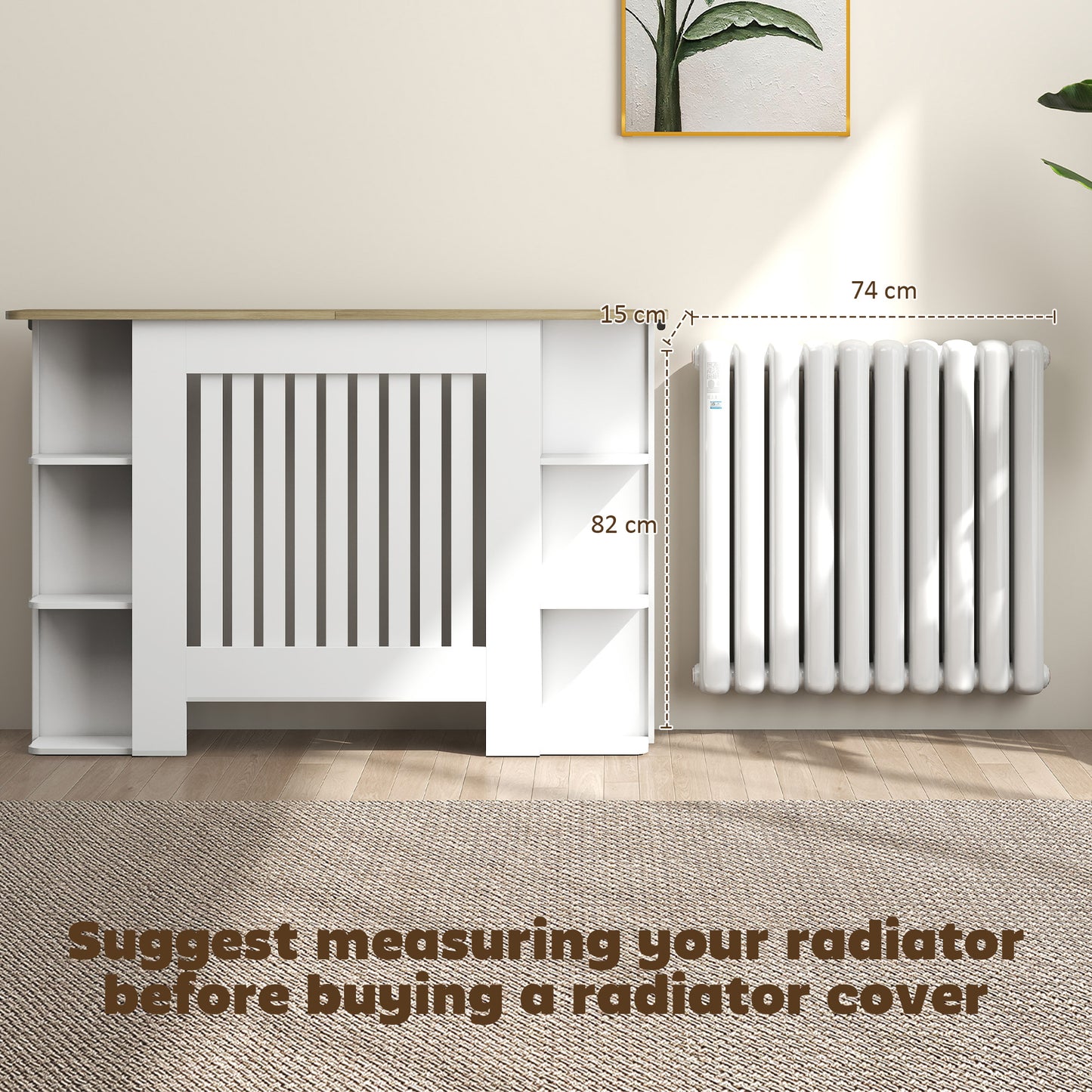 HOMCOM Radiator Cover With Open Storage Shelves Vertical Slatted Cabinet Heater Cover Medium White Living Room Hallway