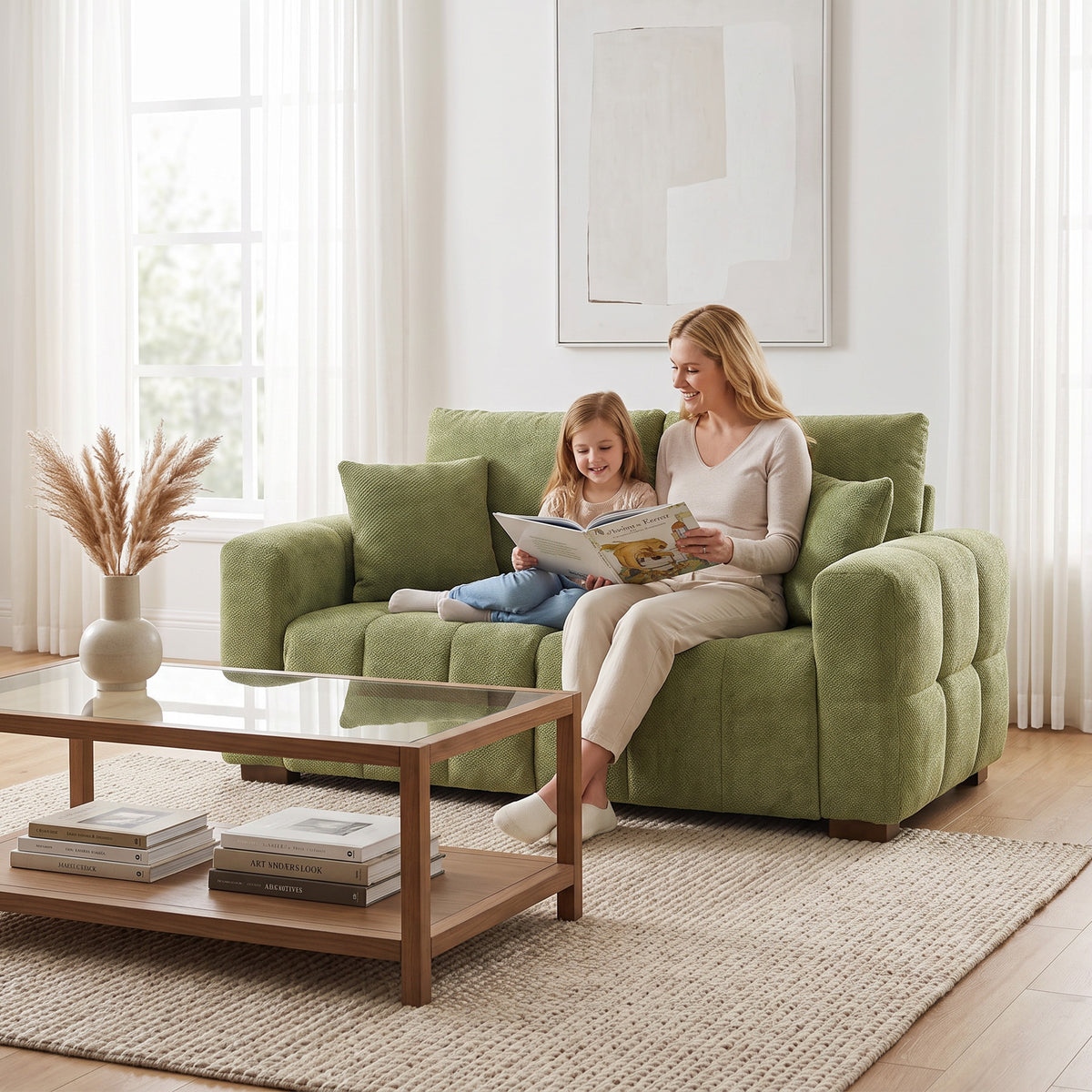 Green velvet 2-seater sofa with rounded arms, plush cushions, and wooden legs in a living room.