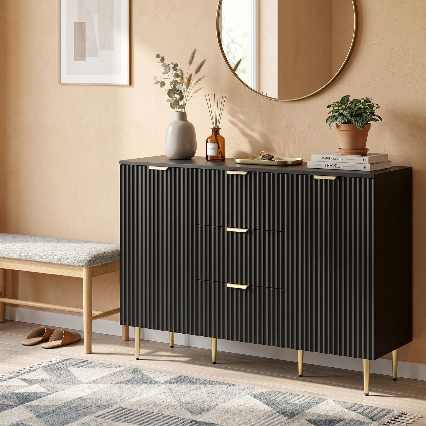 HOMCOM 2 Door Sideboard With 3 Drawers And Adjustable Shelves Black Storage Cabinet