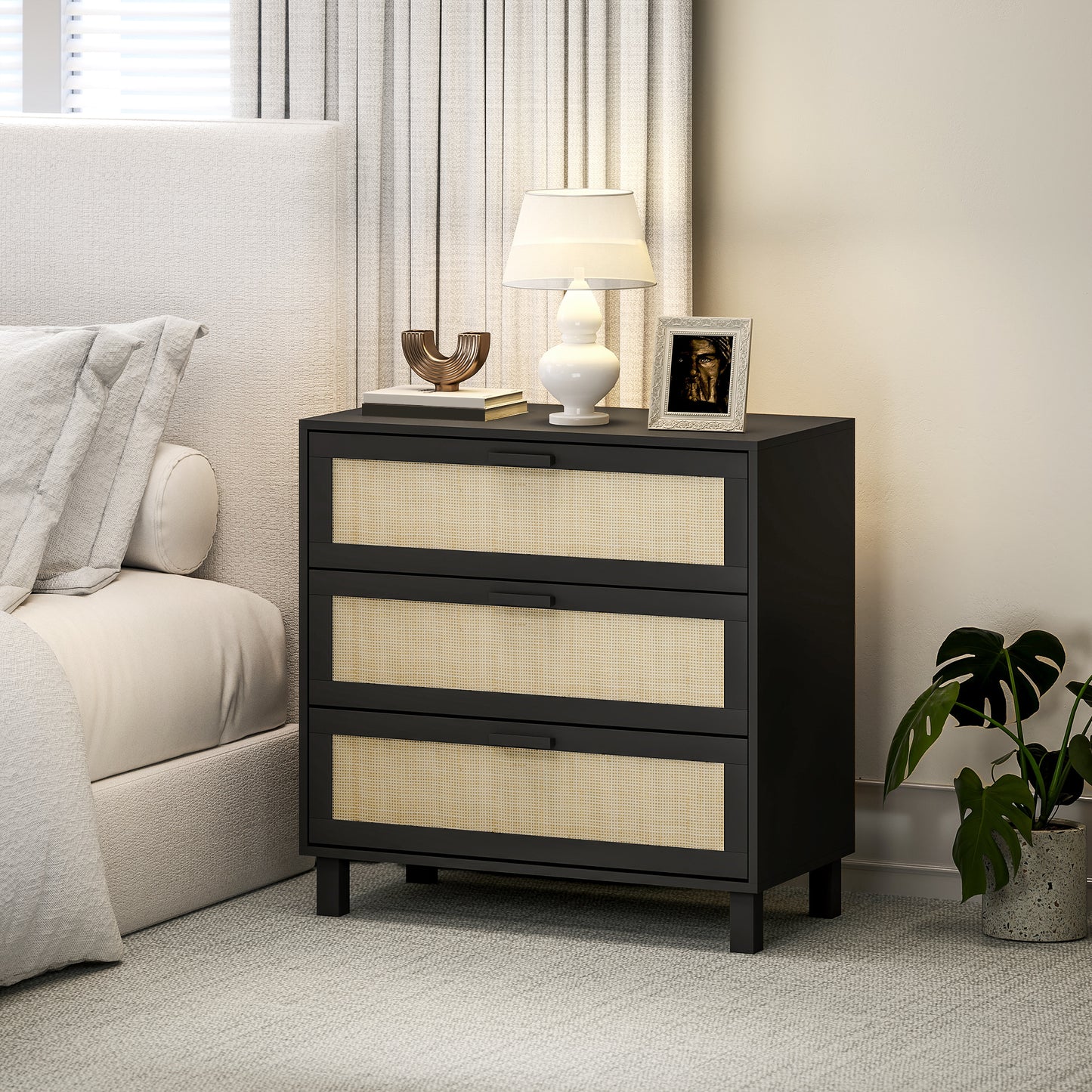 HOMCOM Rattan Bedroom Chest Of Drawers 3 Drawers Storage Unit Boho Dresser For Living Room Hallway Black